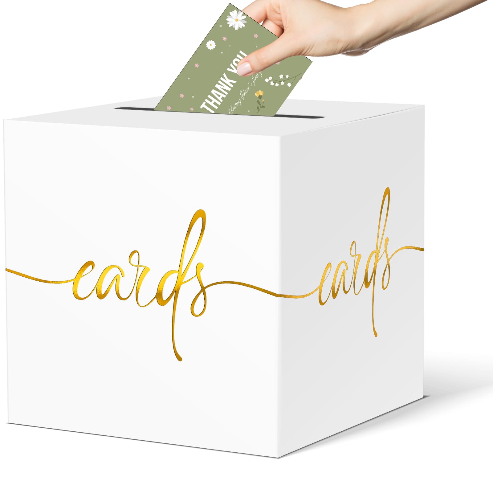 CINSOEN White Card Box with Gold Foil Design, Paperboard 8.7" Card Box for Birthday Wedding Party Graduation Retirement Anniversary Valentine's Day &