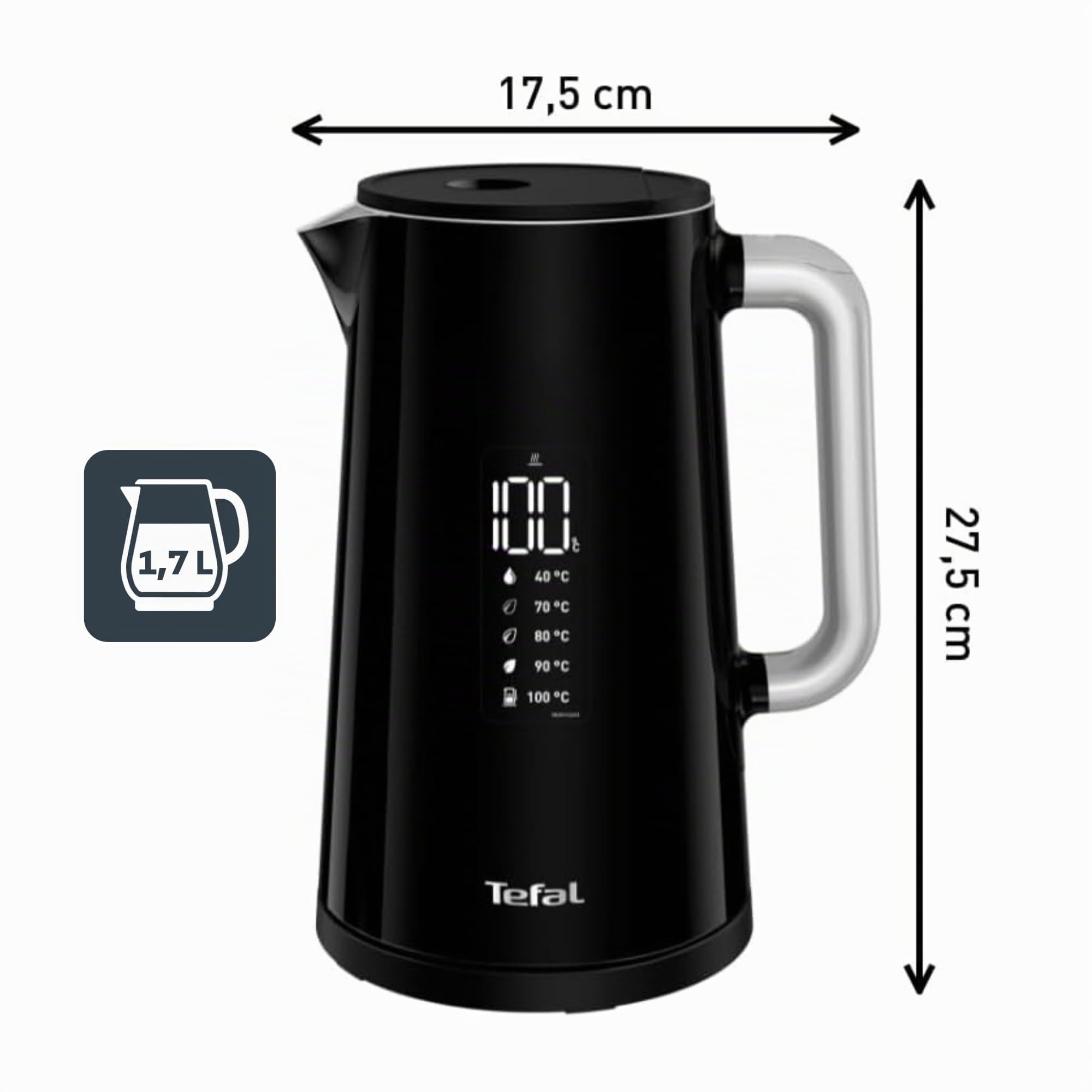 Tefal - KO8508 Smart N Light, Bollitore, 1,7 l, con display digitale, 5 impostazioni di temperatura, mantenimento calore, indicatore di temperatura reale, base girevole a 360°