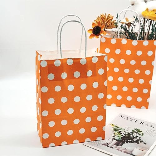 Miniatura 3 de JEYE Paquete de 12 bolsas de regalo de lunares naranjas con asa, bolsas de papel kraft de tamaño mediano a granel, bolsas de papel reciclables,