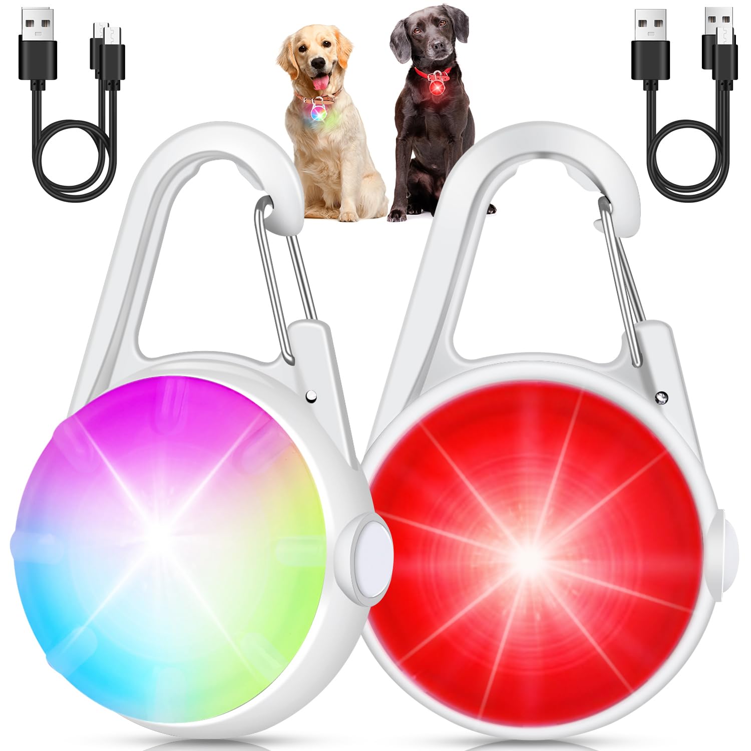 Luci per cani per passeggiate notturne, confezione da 2 pezzi, 4 modalità, luce ricaricabile per passeggiate notturne, luce di sicurezza impermeabile IP68 per corsa, ciclismo, campeggio (bianco)