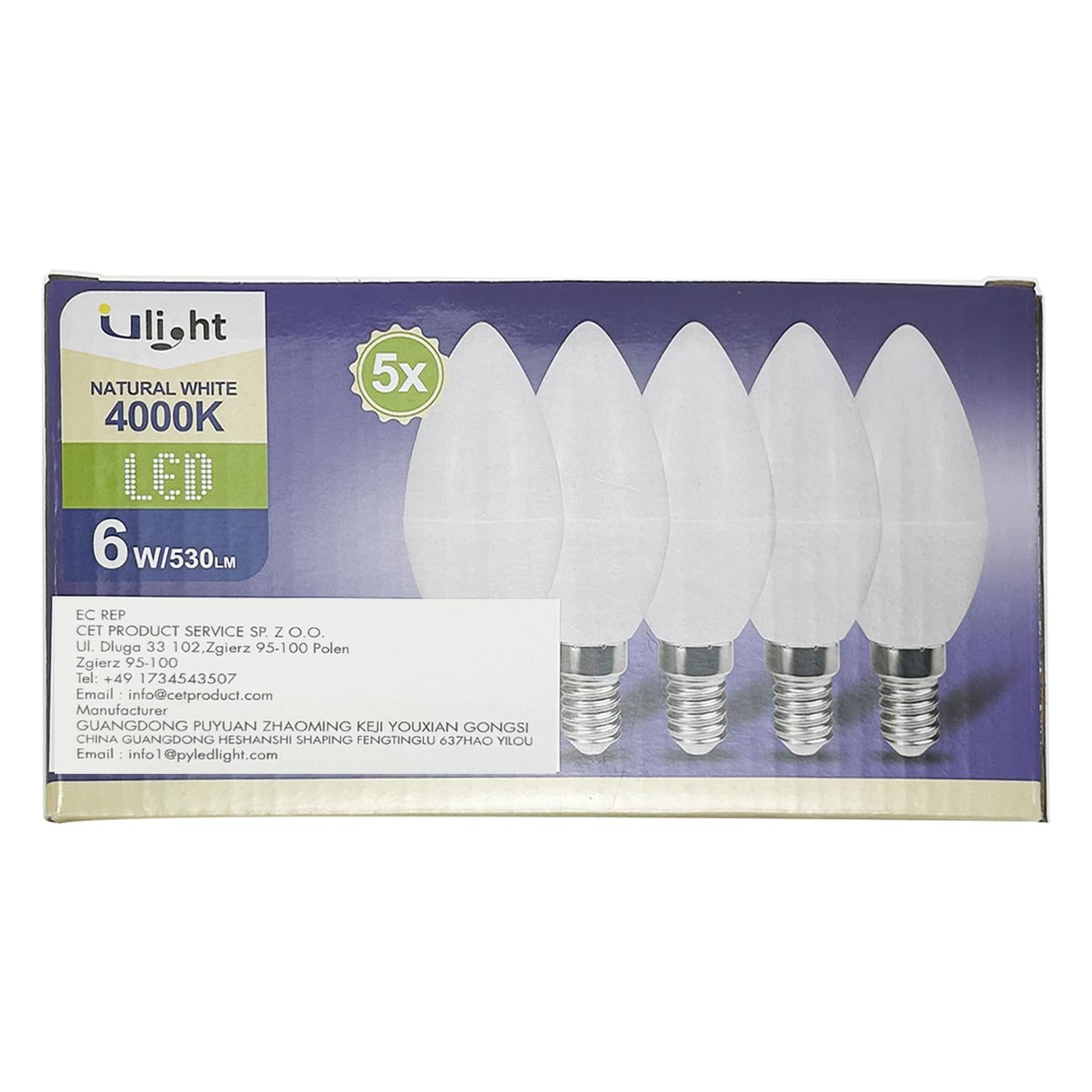 ULIGHT Lampadina LED E14 Oliva, 6W Equivalente a Incandescente da 50W, Luce Bianca Naturale 4000K, 530 Lumen, 220V-240V Non Dimmerabile, Fascio Luce 210°, Confezione da 5 Pezzi