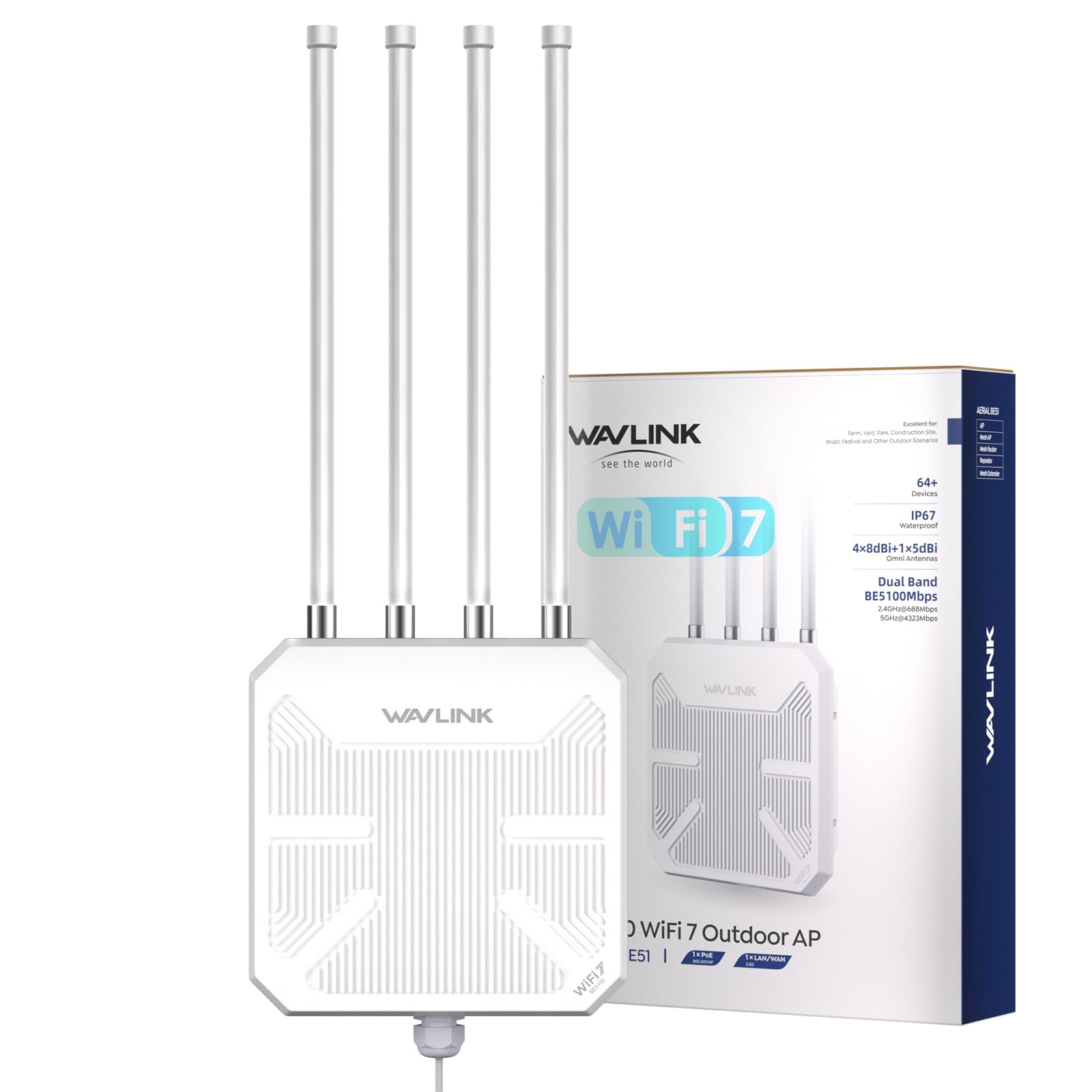 Router WiFi 7 WAVLINK Exterior BE5100 Mesh, Repetidor, Punto de Acceso, IP67 Impermeable, Protección Antirrayos 4KV, PoE Activo/Pasivo, Antenas 8dBi, Largo Alcance para Zonas Rurales y Empresas