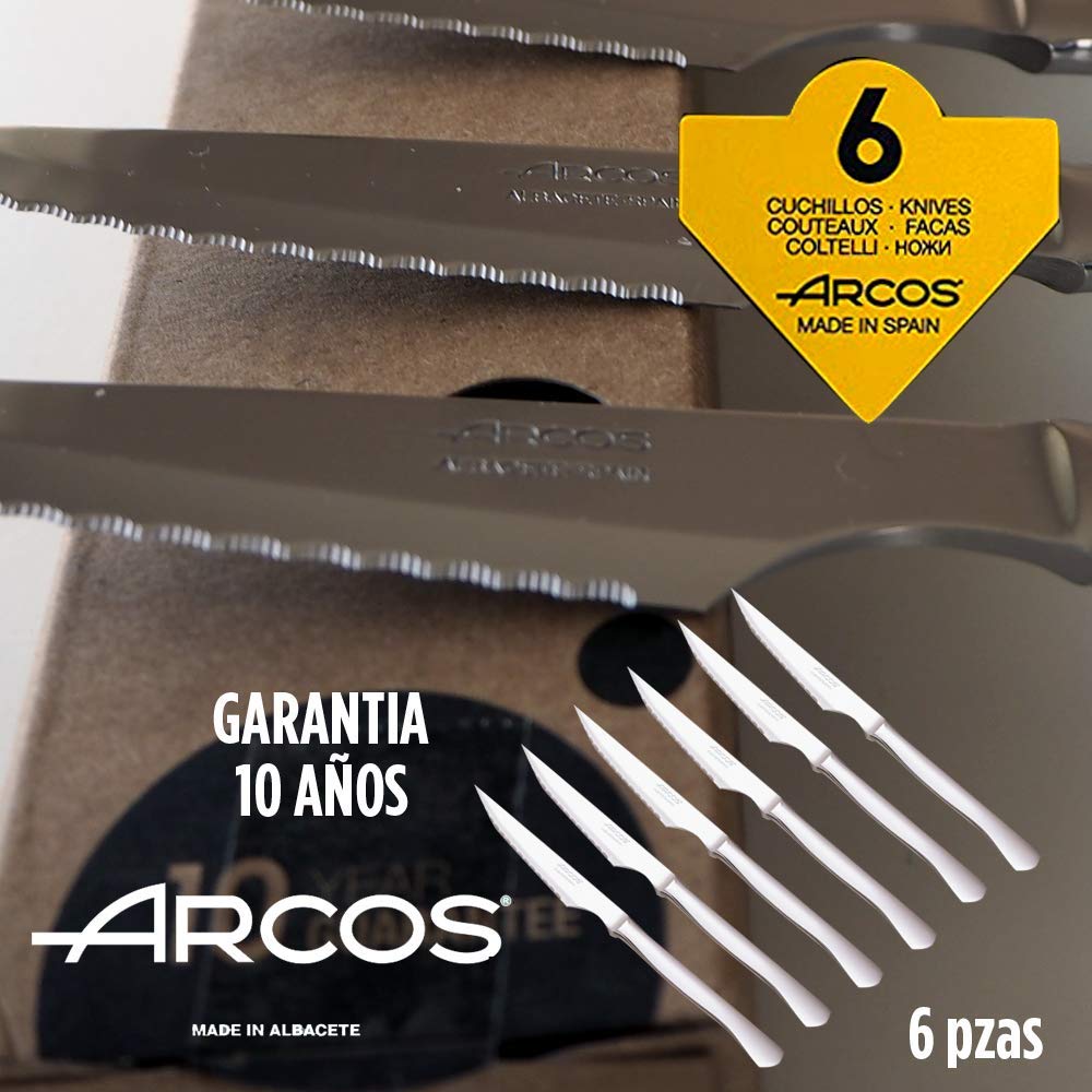 Arcos Juego Cuchillos Carne | 6 Piezas | Cuchillos carne cuchillo chuleteros | cubiertos acero inoxidable | Hoja 110 mm | mango monobloque | aptos lavavajillas | Caja Envase Ecológico