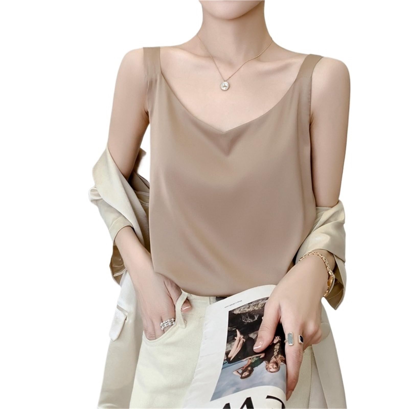 Top de Camisola de Seda Camisola de Seda for Mujer, Traje Verano con Escote en V Interior, Chaleco satén, Fino, Suelto, sin Mangas, Top Tirantes para IR al Trabajo
