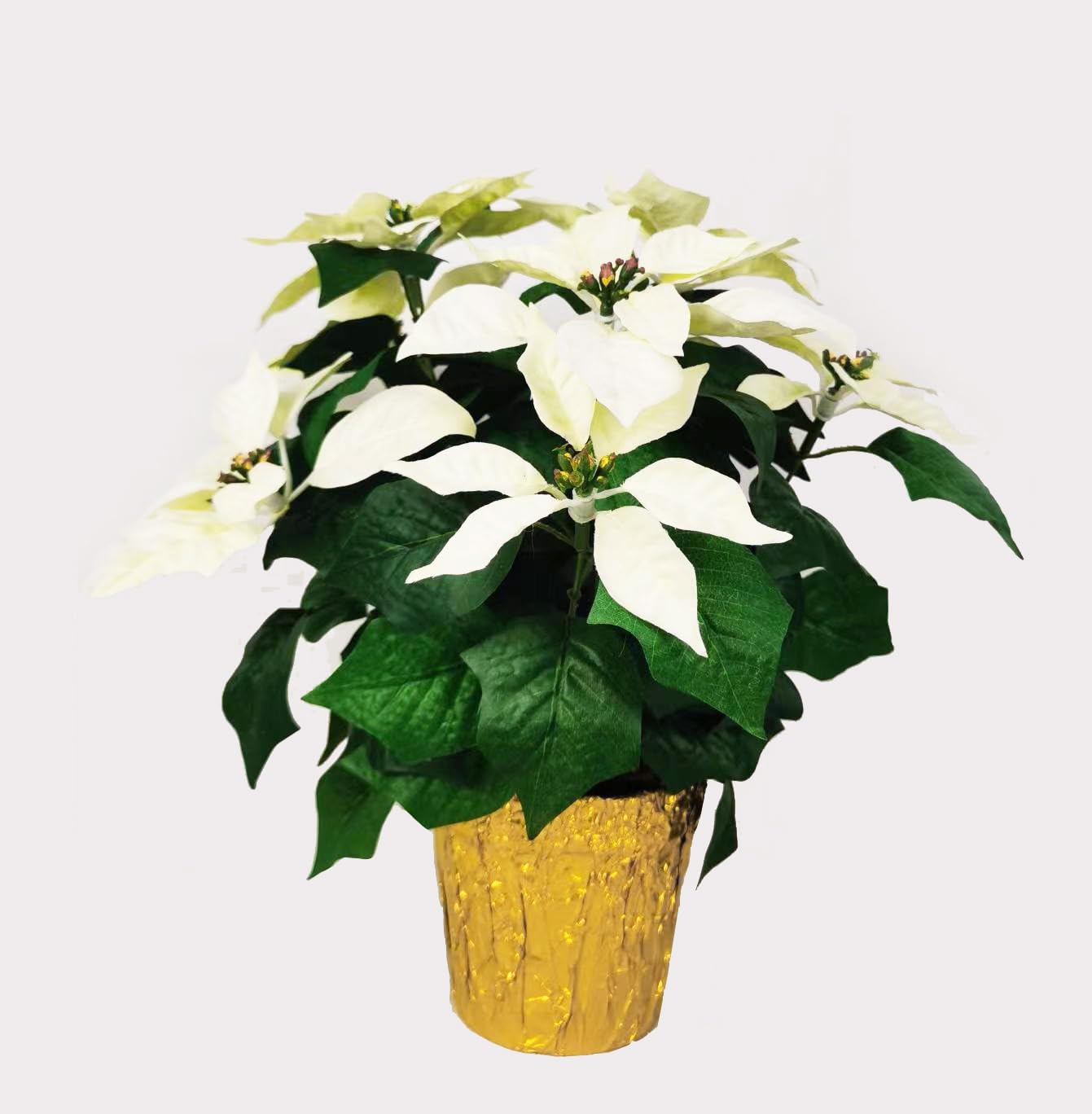 365 Blooming Decor Inc. White 365 Blooming Decor 15" Potted Artificial Poinsettia Flower In Golden Foil - Luxury Handmade 7 Flower Head Pre-Assembled Christmas Flowers For Christmas Decor Front Doors Hallways