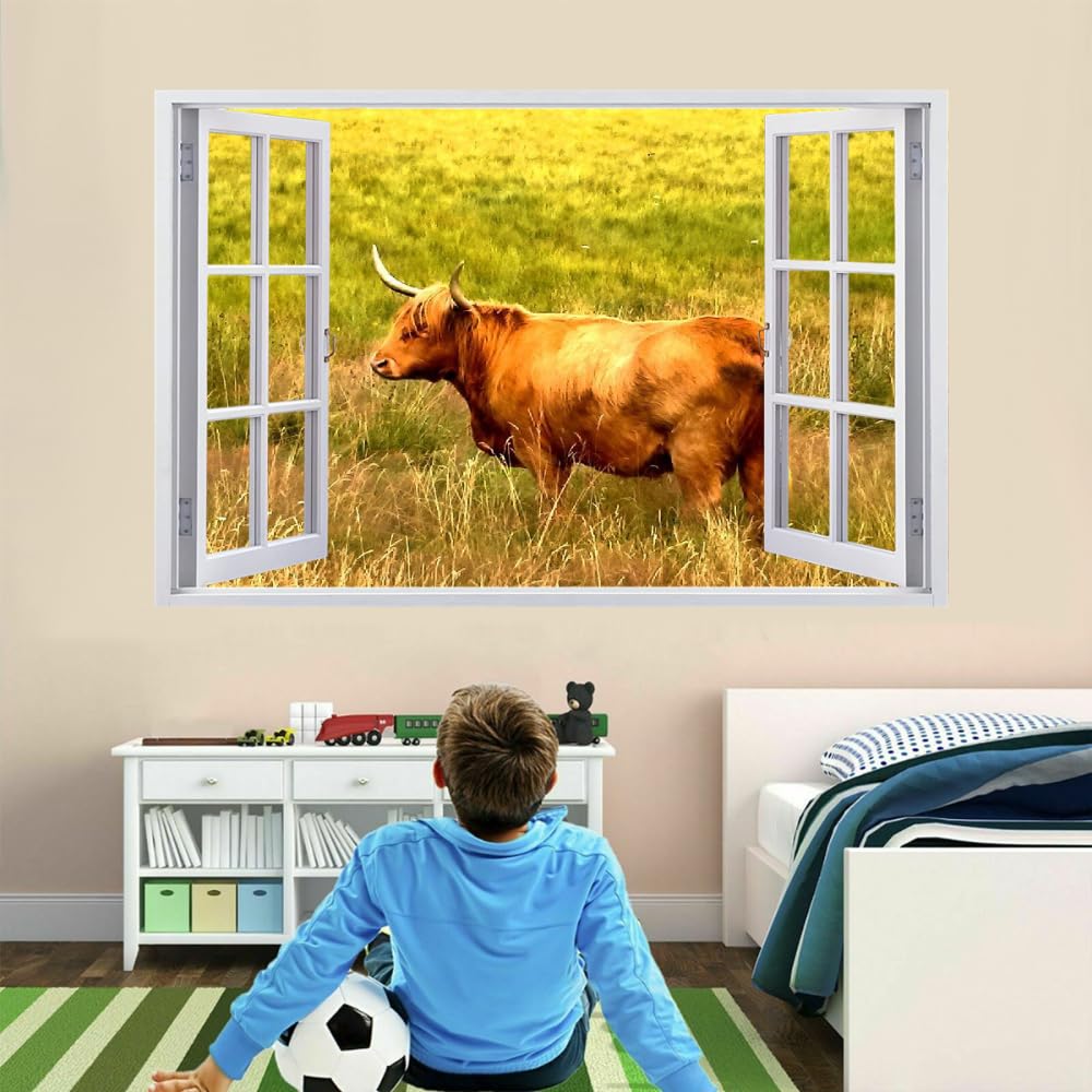 3D Wandtattoos Durchbruch Wandbild Ochse Selbstklebend Kinderzimmer Aufkleber Wandaufkleber Graslandtiere Abnehmbare Wandsticker für Kinderzimmer Wohnzimmer Schlafzimmer Deko