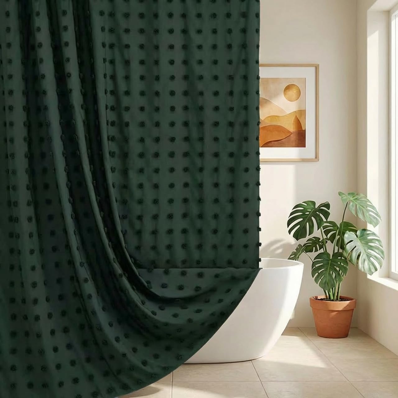 Tenda Doccia Boho Con Motivo Foglie Verdi - 183x183 Cm Poliestere Con Ganci
