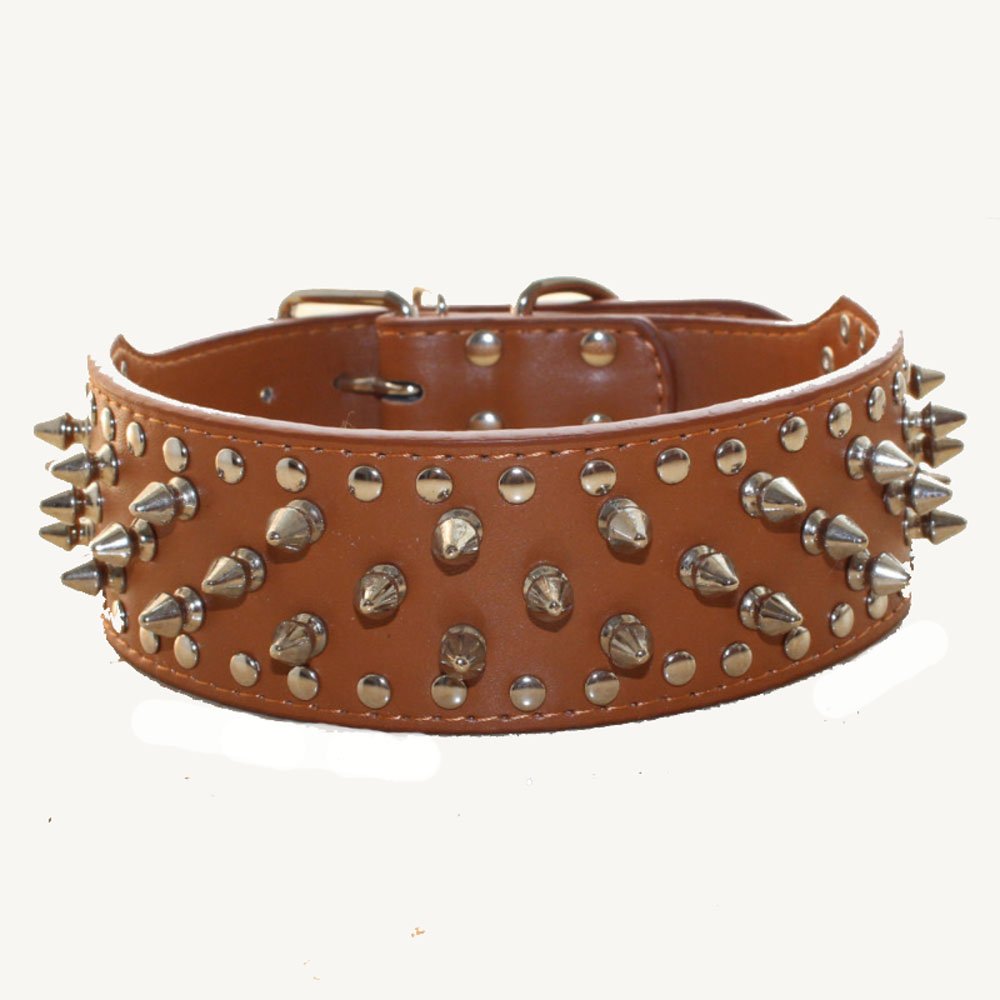 Collar de perro de piel sintética con tachuelas para perros medianos y grandes, Pit Bull, Mastín, Bully, Boxers (M, marrón claro)