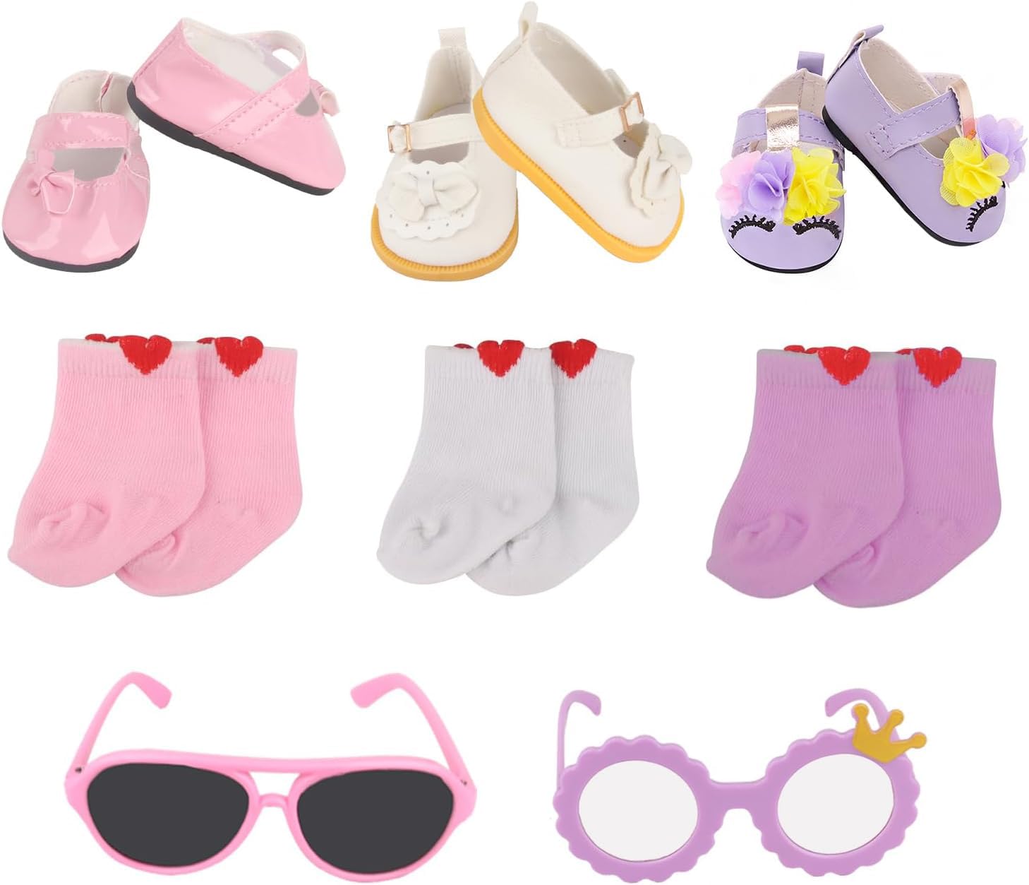 MSYO 18 Inch Doll Shoes & Accessories Set (8-Piece Bundle)-3 Pairs Shoes + 3 Socks + 2 Glasses,Dress-Up Kit for 18 Inch Dolls,Girls Birthday Gift,Bulk