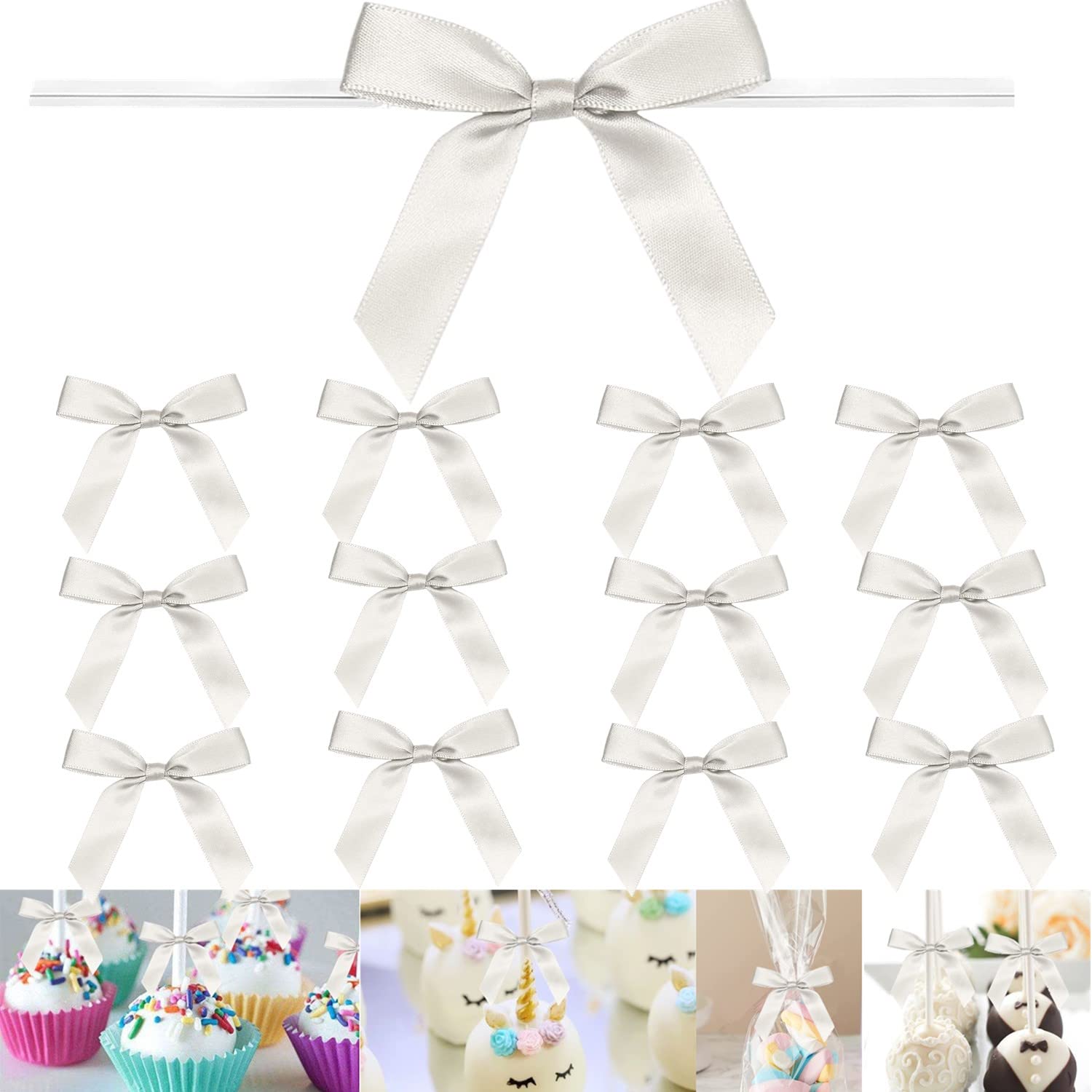 GUIFIER 100 Pack 3" Satin Twist Tie Bows, Twist Bows for Treats, Ribbon Bows with Twist Ties Gift Wrap Bows, Pretied Bows Ties for Cake Pops, Baby