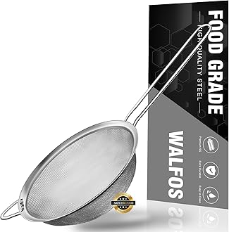 Walfos Fine Mesh Strainers, Premium Stainless Steel Colanders and Sifters, with Reinforced Frame and Sturdy Handle, Perfect for Sift, Strain, Drain and Rinse Vegetables, Pastas and Tea（4.7")