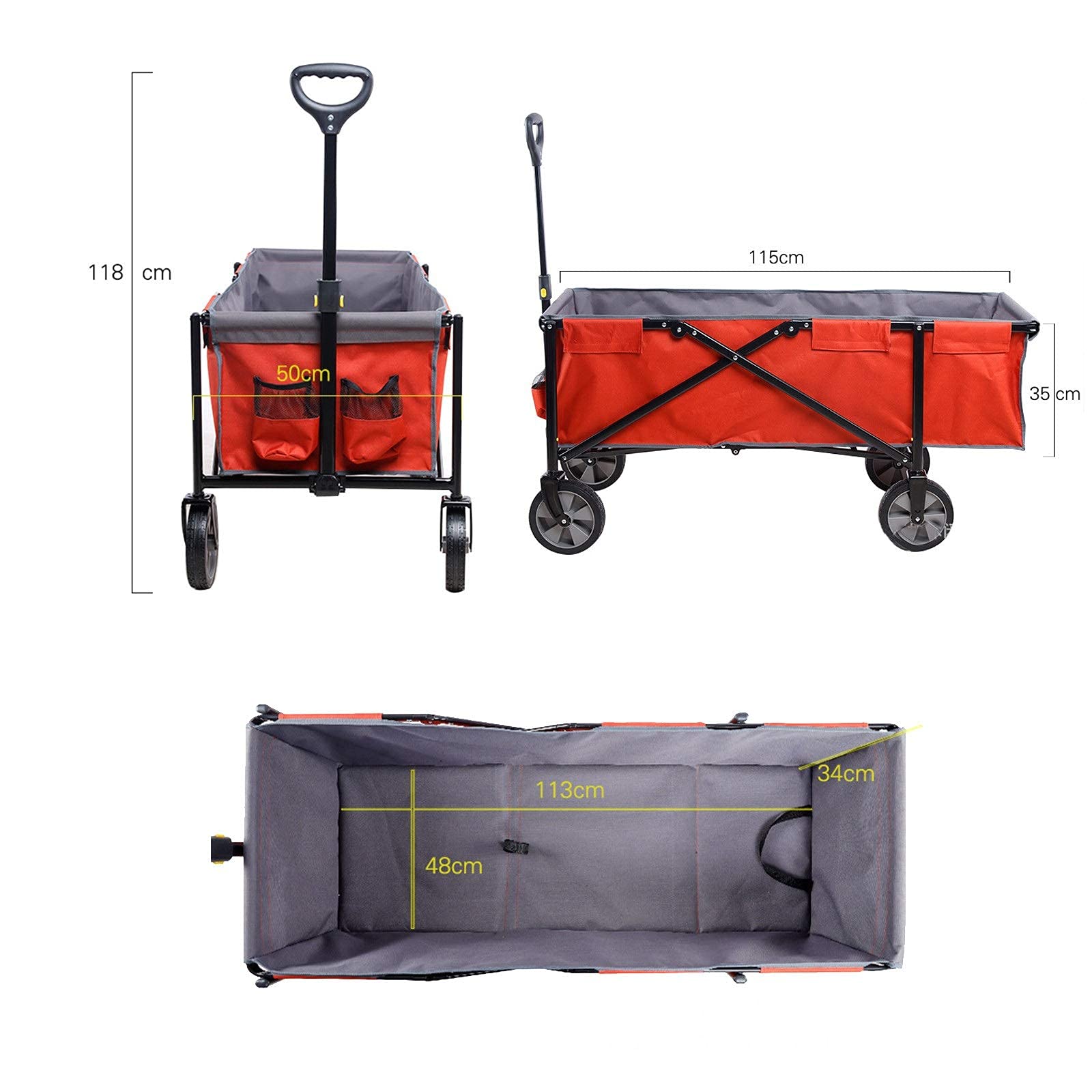 Carrello Della Spesa Pieghevole Con Ruote Girevoli 360° – Struttura In Metallo 50kg – 2 Cestini – Manico In Legno Antiscivolo