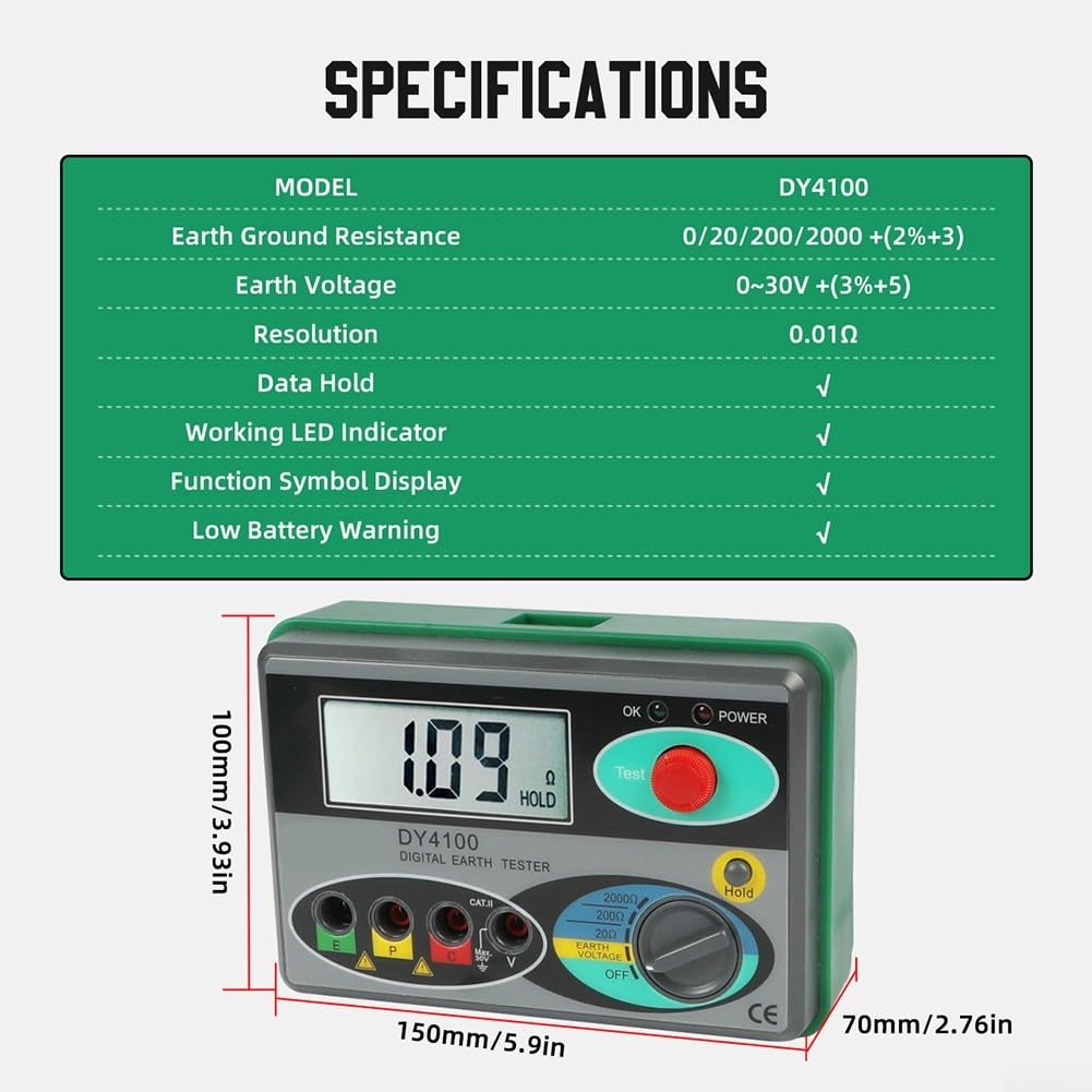 Instrumento de medición de resistencia a tierra DY4100 con pantalla HD clara y diseño de protección de seguridad dual (A)
