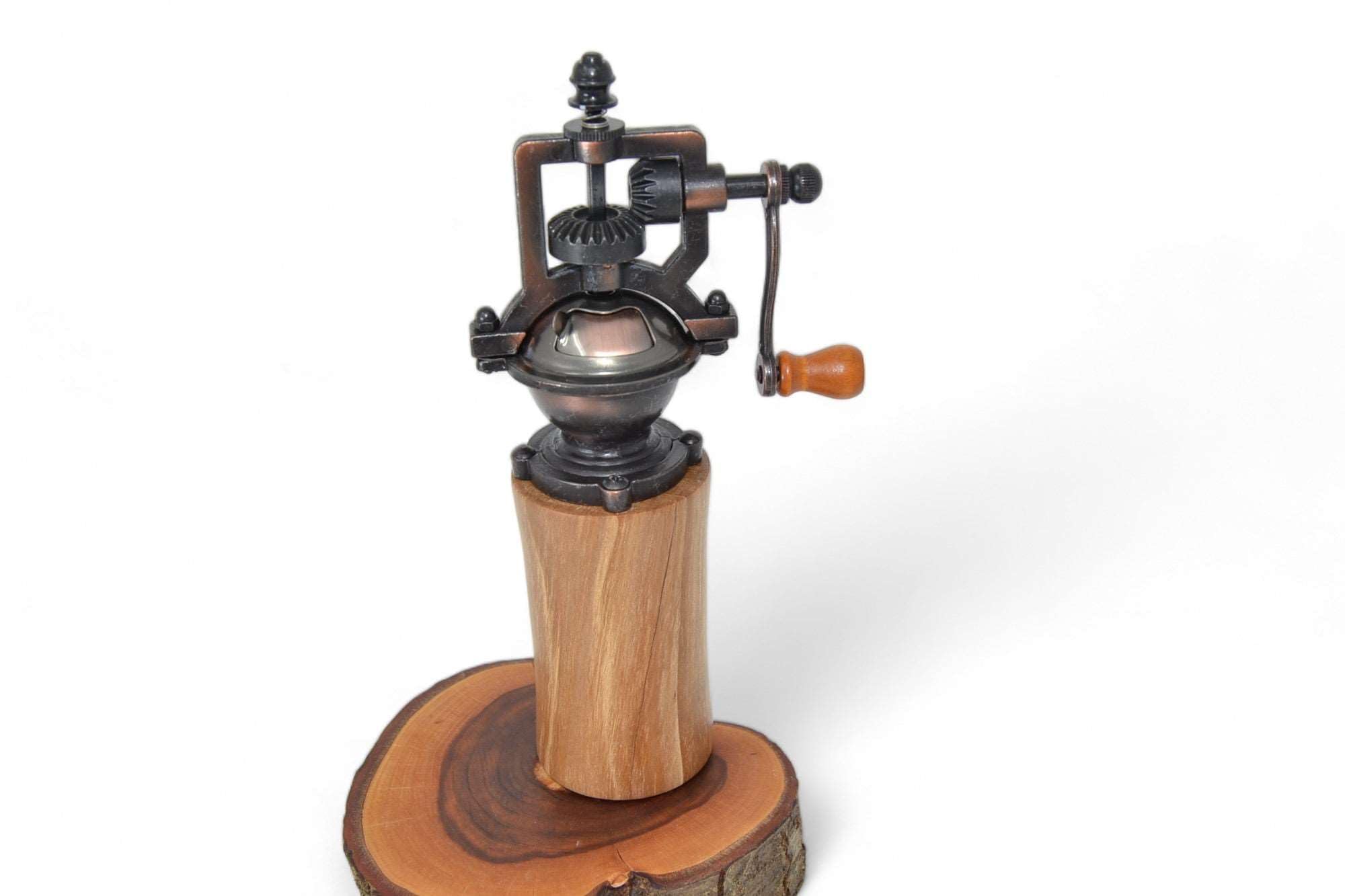 Manuelle Gewürzmühle aus Birnenholz mit Kurbel in Antik-Optik – Pfeffermühle & Salzmühle handgefertigt in Österreich, Keramikmahlwerk, ca. 20 cm, Geschenkidee
