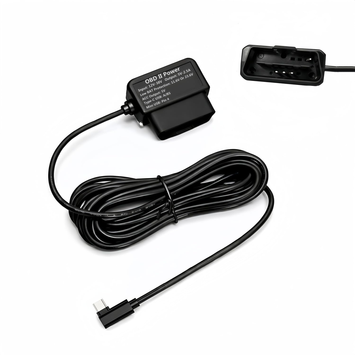 OBD2 Dash Cam Power Cable Hardwire Kit with Acc Signal, 12V-38V to 5V 3A Type-C Dash Camera Charger, 24/7 Parking Mode Monitoring, Low Voltage Protection, 8.2ft Plug and Play Power Adapter