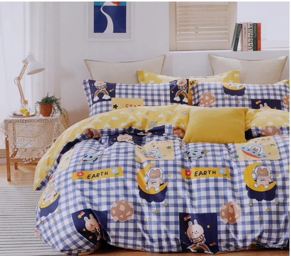 RIFTREE Kids Favourite Character Glace Cotton Digital Print 1 Single bedsheet with 1 Pillow Cover for Kids Room - MULTIBLUE Check Earth-image-3
