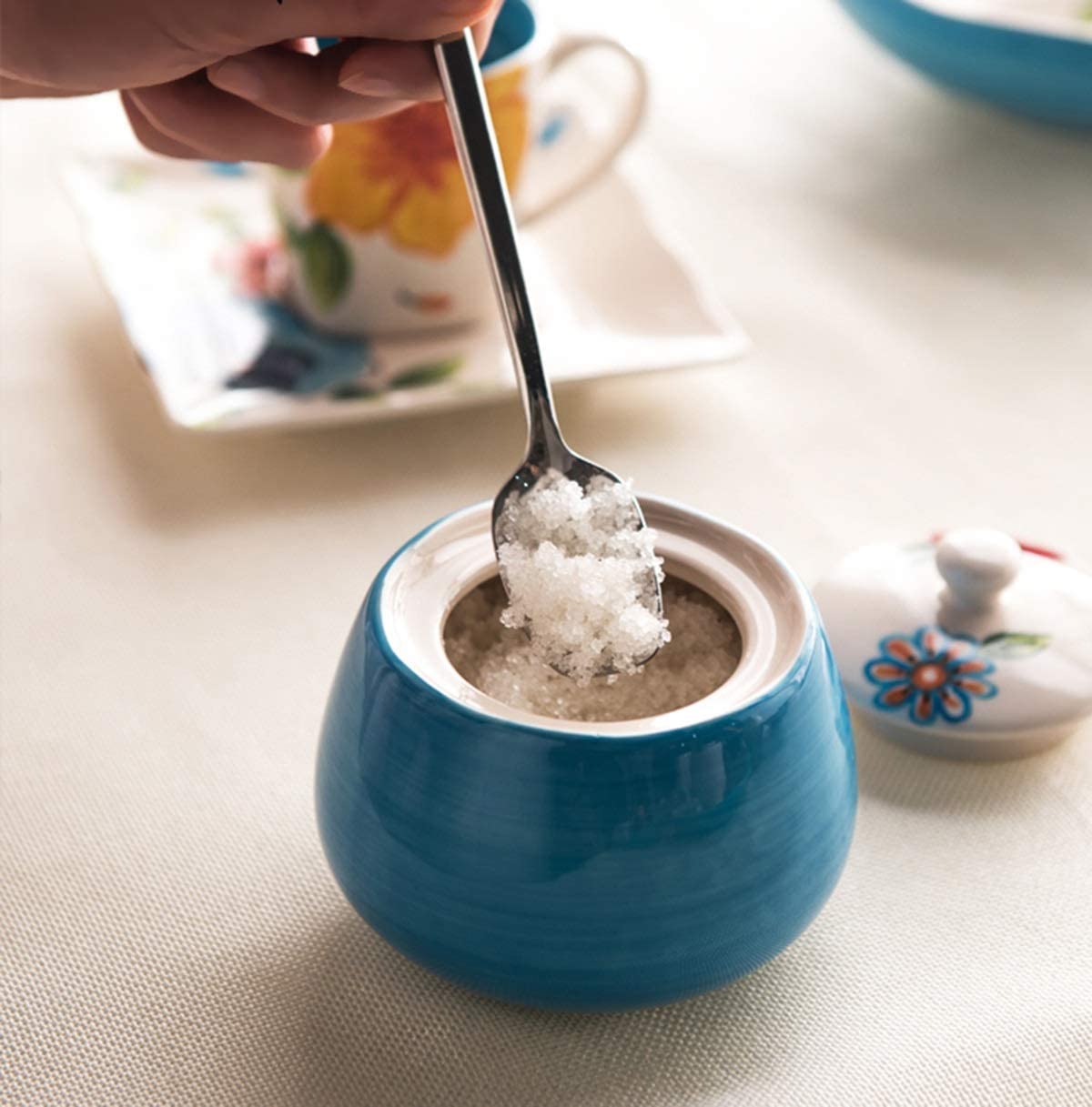 Sucrier en Céramique Bleue Rétro avec Couvercle, Pot De Stockage De Sel Et De Poivre en Porcelaine