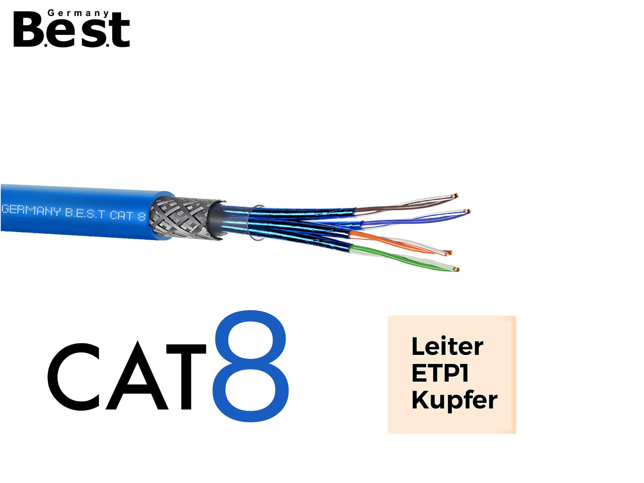 Cavo di rete CAT 8, 100 m, in rame puro, LAN, S/FTP, 40 Gbit | 100% puro rame, cavo di rete LAN, cavo di rete Ethernet, S/FTP, 40 Gbit, PoE++, LSZH, router, switch, pannello patch