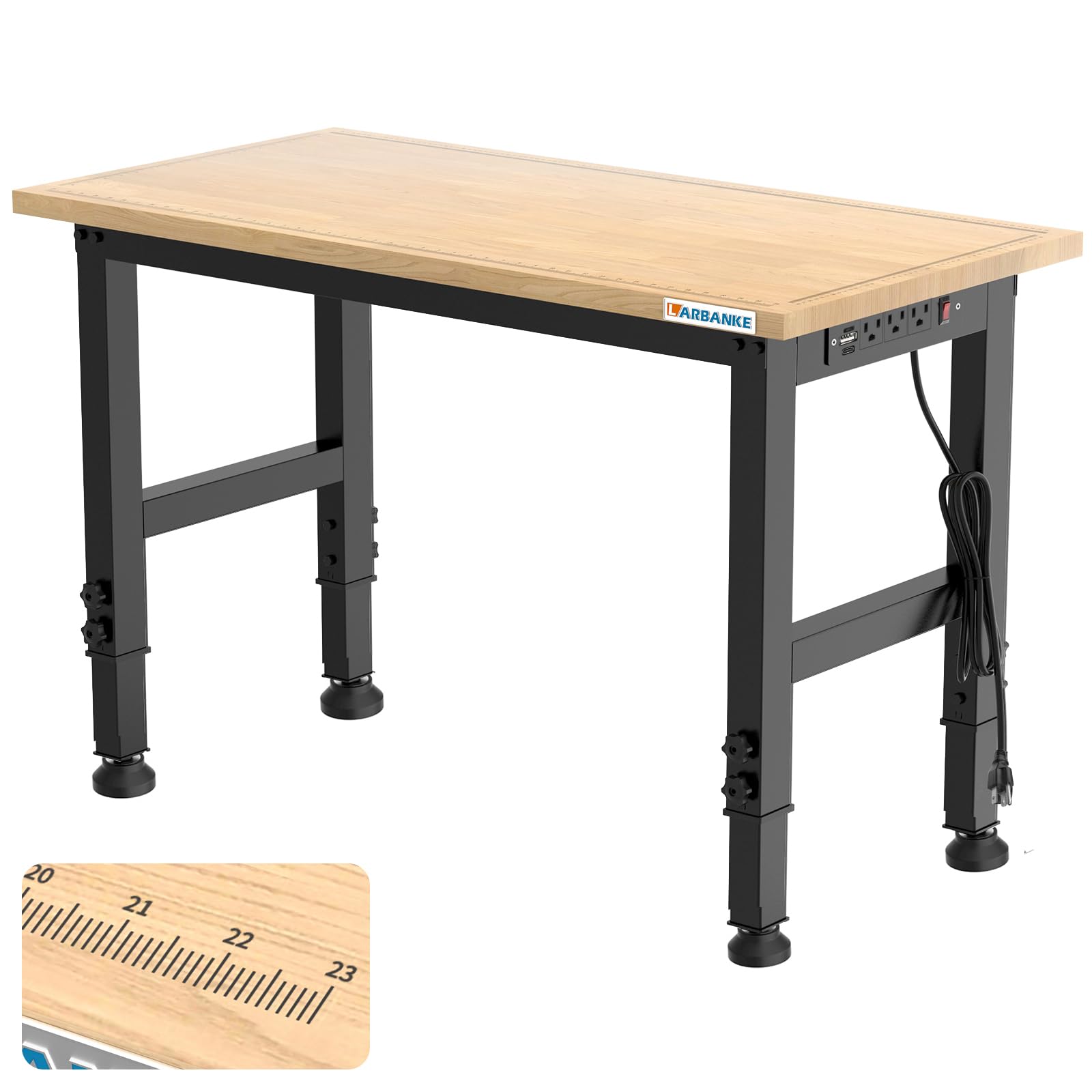 LARBANKE 48" Workbench with Scales,Weight Capacity to 2300 LBS Heavy Duty Rubberwood Worktable,Adjustable Worktable with 5 Adjustable Heights,Power