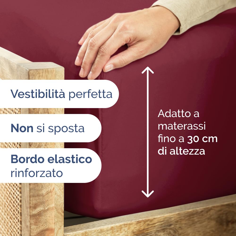 Lenzuolo con angoli 90x190 Bordeaux, profondità 30 cm - Lussuoso lenzuolo con angoli - Per materassi fino a 30 cm (12") di altezza - Morbido, senza pieghe e traspirante - 90x190 - singola