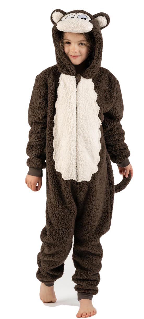 Costume intero da scimmia marrone per bambini, per la Giornata Mondiale del Libro, per ragazzi e ragazze, in morbido pile con coda, taglie da 2 a 13 anni