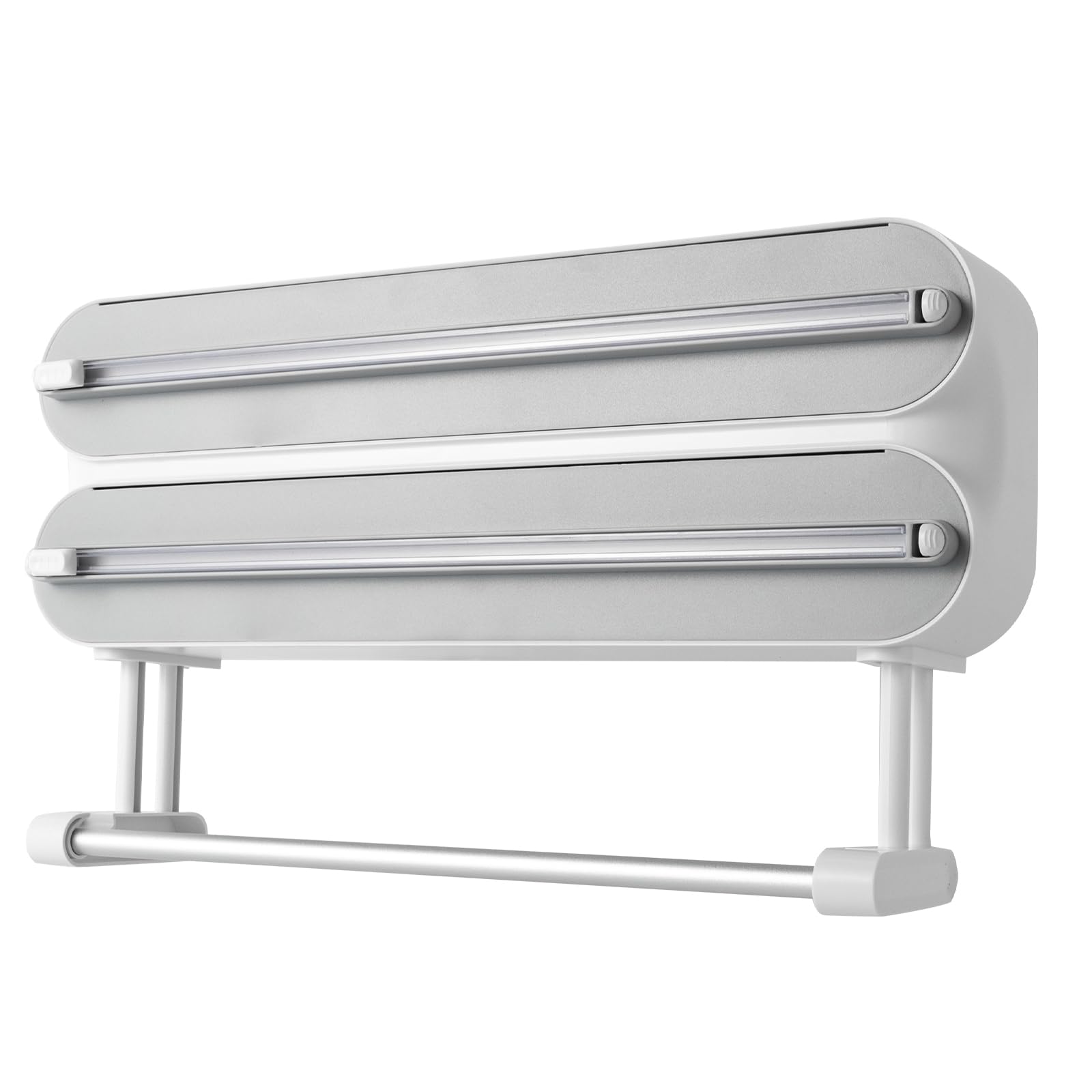 Folie en Plastic Wrap Organizer, Papieren Handdoekhouder Wandbevestiging, 5 in 1 Plastic Wrap Voedseldispenser met Snijder voor 12 Wax Papier Perkament Roll Aluminiumfolie Dispenser voor Keuken Organisatie Opslag