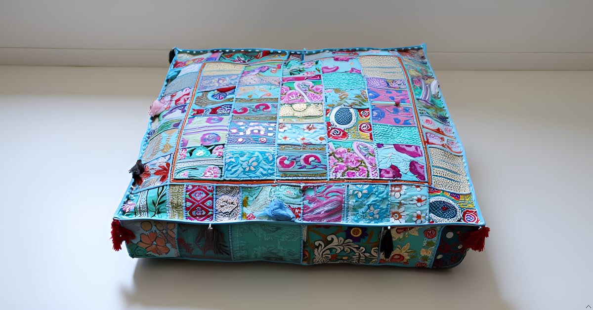 CRAFT KALA Indian Square Patchwork Traditional Pouf Cover Indian Living Room Poufs Decorative Embroidered Designer Ottoman Home Living Footstool Chair