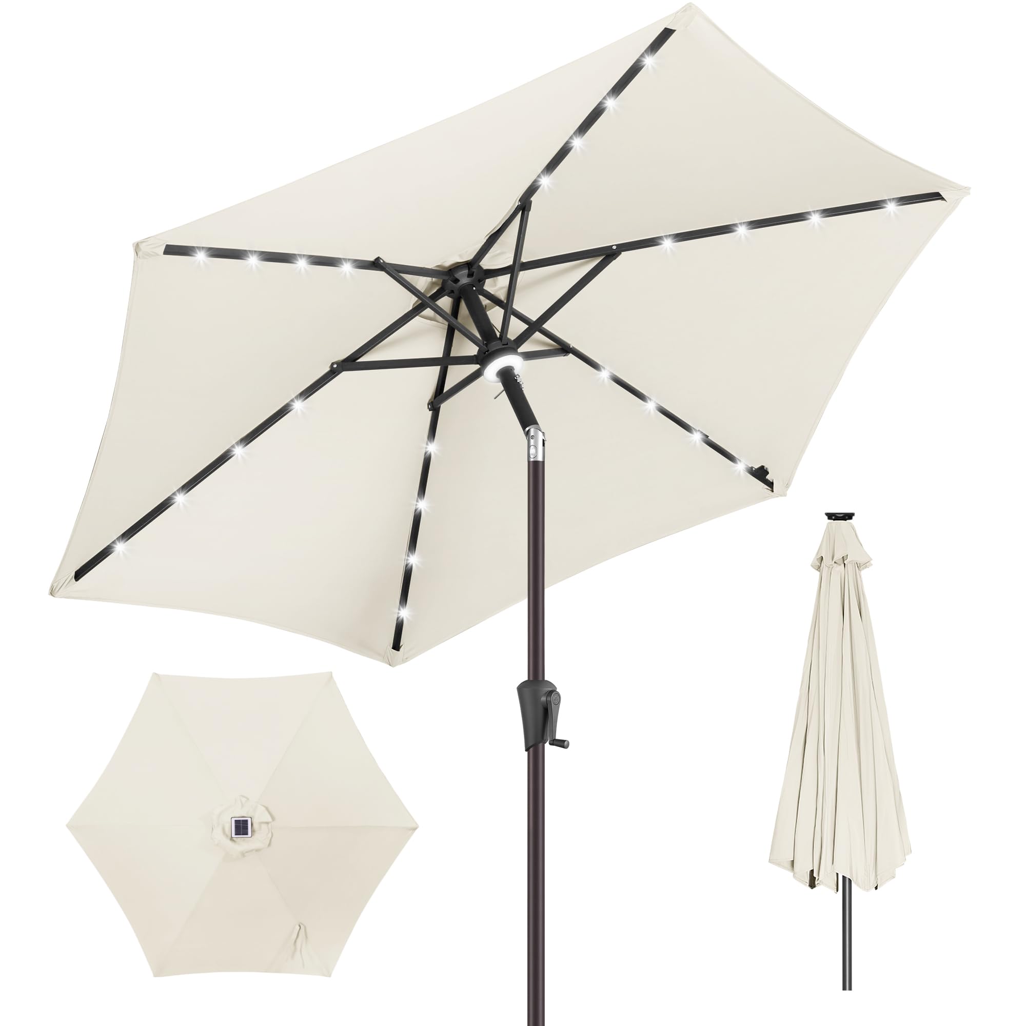 FLAME&SHADE 7.5 ft Solar Powered Outdoor Market Patio Table Umbrella with LED Lights and Tilt, Ivory