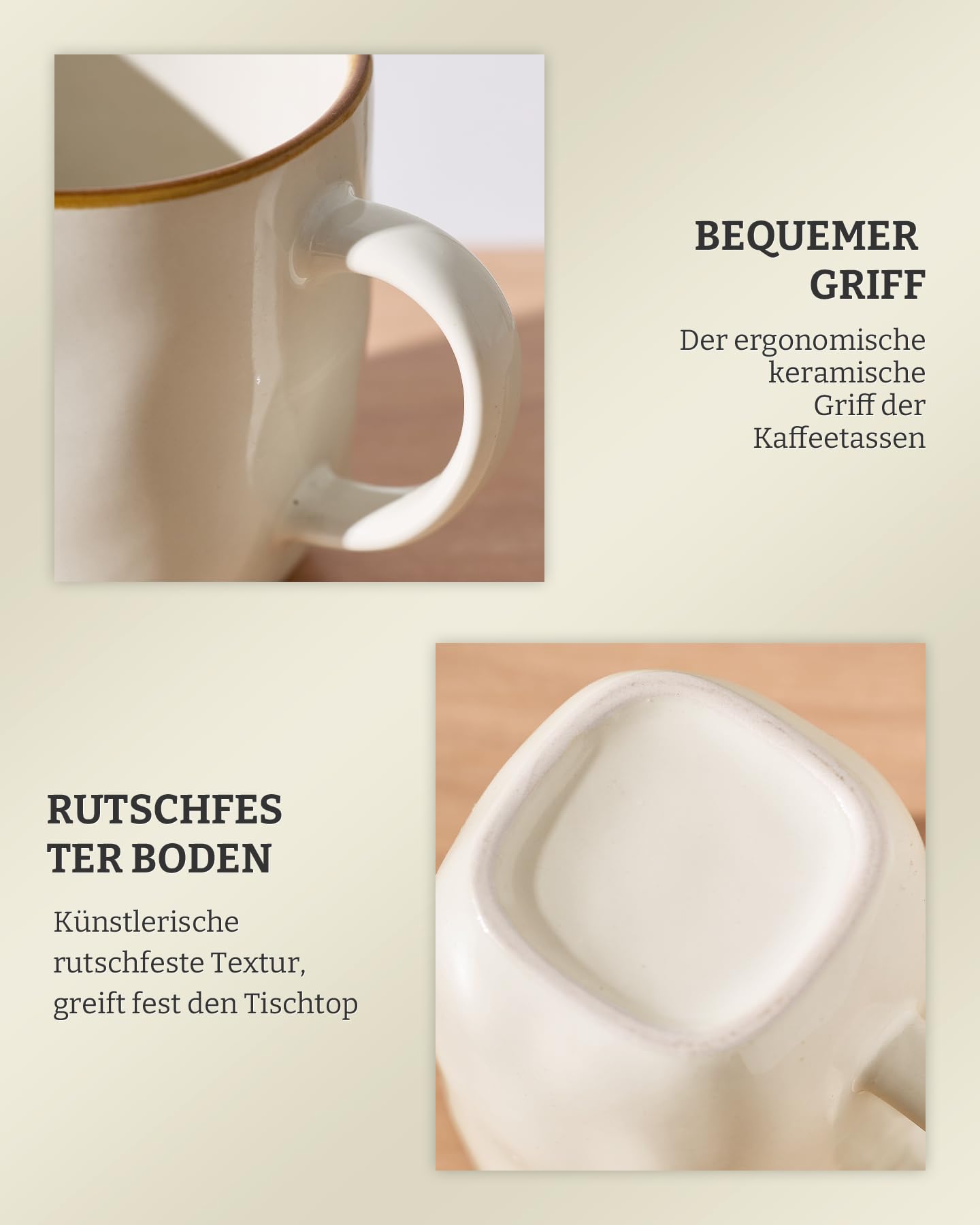 Richmount Ocean - Juego de 6 tazas de café, 384 ml (13 oz), color beige | Juego de tazas, tazas con asa para café, té, cacao, leche, apto para microondas y lavavajillas