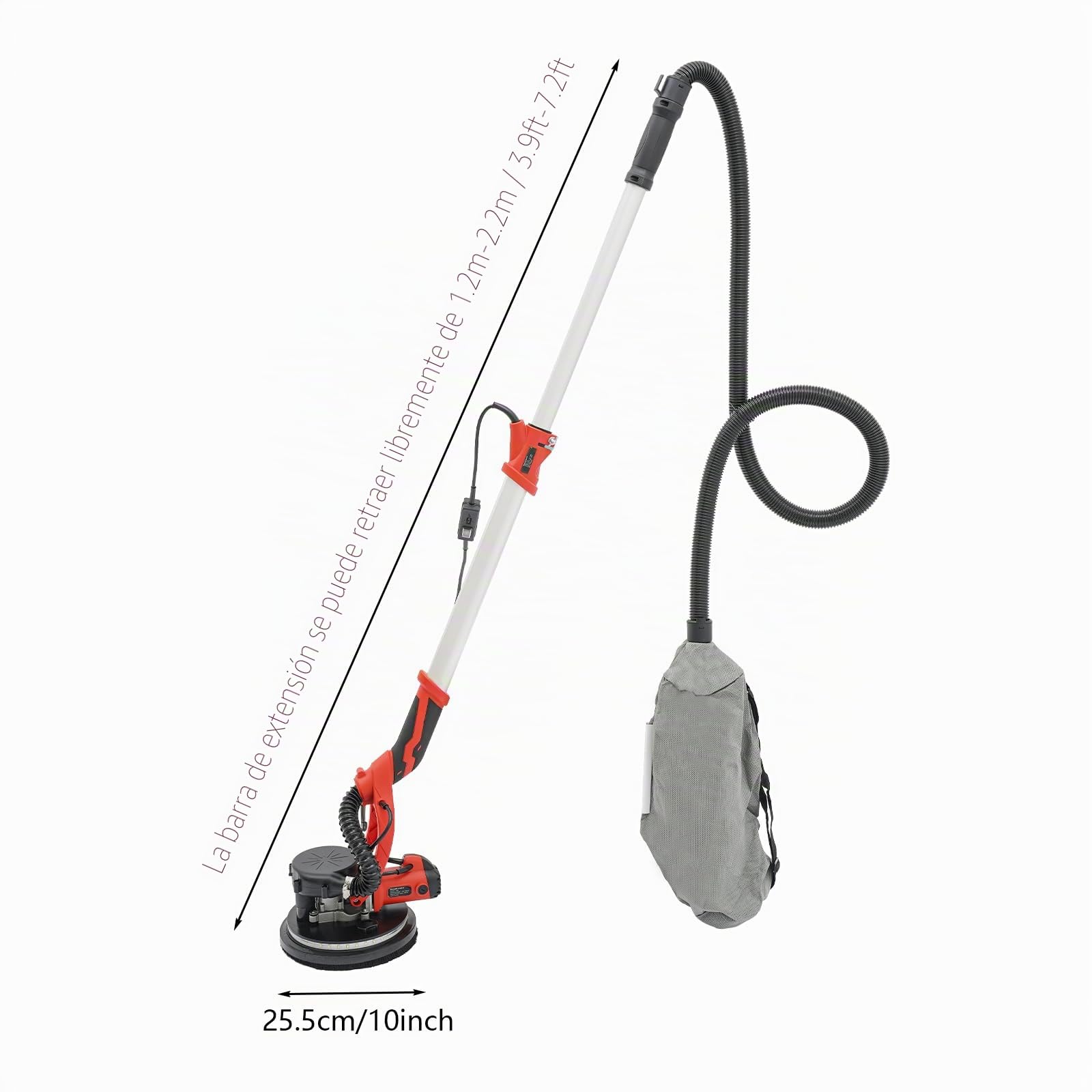 Lijadora para paneles de yeso, 800-1800 rpm, 6 velocidades, lijadora de pared ajustable, 1,2 – 2,2 m con disco de 255 mm, lazo LED, longitud, lijadora con aspiración, rojo