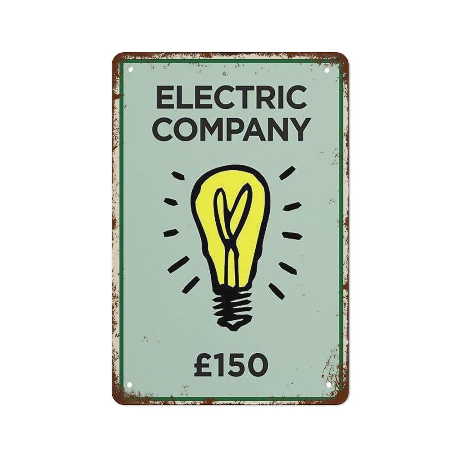 Electric Company Monopoly Inspired Art Print Home Decor Art Print Vintage Tin Sign Metal Sign Retro Wall Decor For Home Cafes Office Store Pubs Club Sign Gift For Women Men 8x12 Inch Plaque Tin Sign
