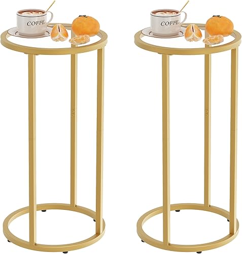 Easy Paws Mesa auxiliar de mesa C, mesas auxiliares de cristal para sala de estar, mesa auxiliar redonda de sofá con marco de metal, mesa de