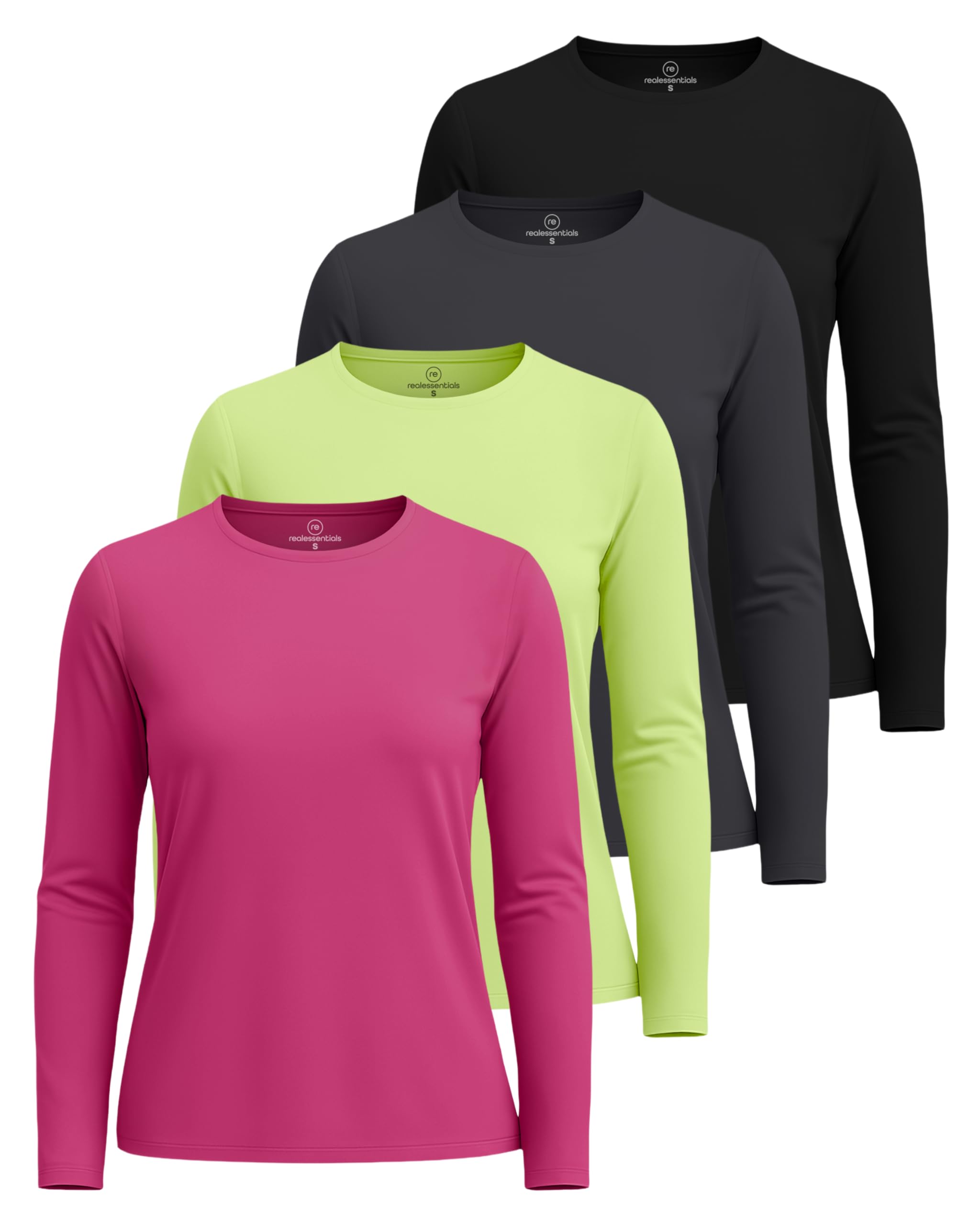 Real Essentials 4 Pack: Women's UPF 50+ Quick Dry Fit Sun Shirts Long Sleeve UV SPF Hiking Top Outdoor (Available in Plus)