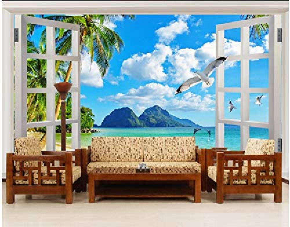 Carta da parati murale con finestra sul mare, albero di cocco per pareti Carta da parati fotomurali poster murale Soggiorno camera letto minimalista tv sfondo-250cm×170cm