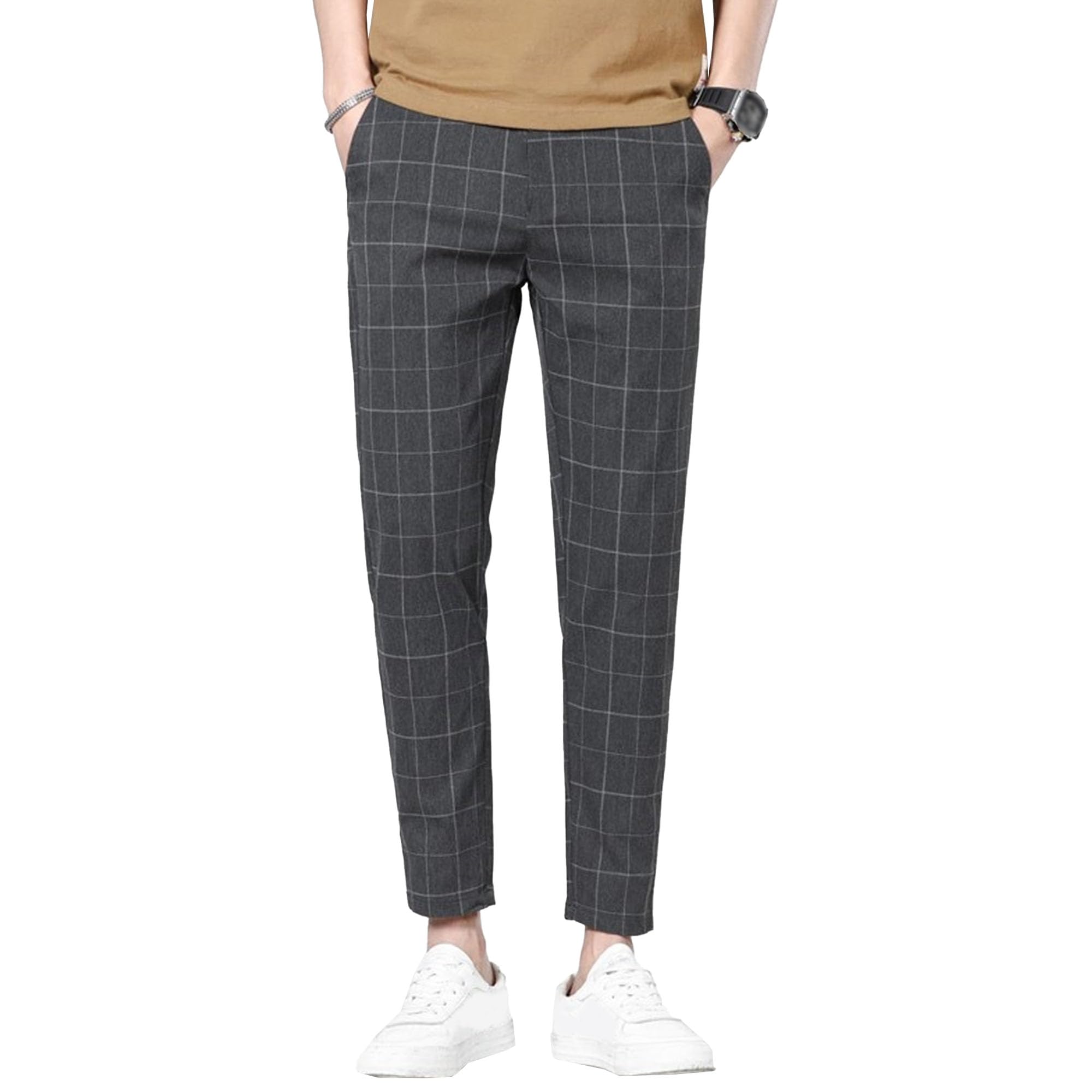 Mens Plaid Flat Front Chino Pants Skinny Slim Fit Stretch Suit Pant Stylish Casual Business Dress Trousers