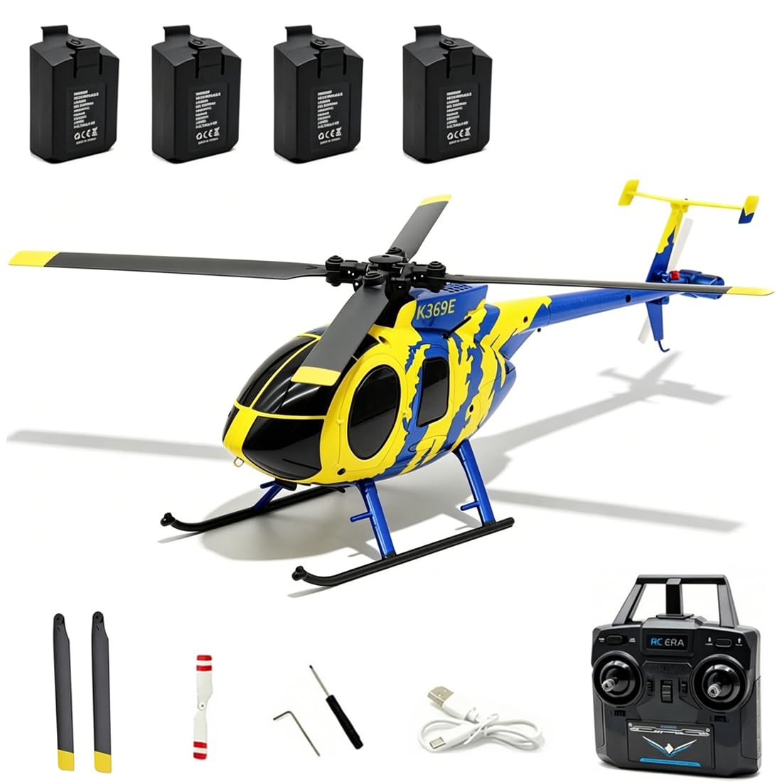 RC ERA C184 MD500 RC Helicopter, 2.4G 4CH Brushless RC Helicopter with Optical Positioning, 6-Axis Groy Military Aircraft Model for Adults - 4 Battery