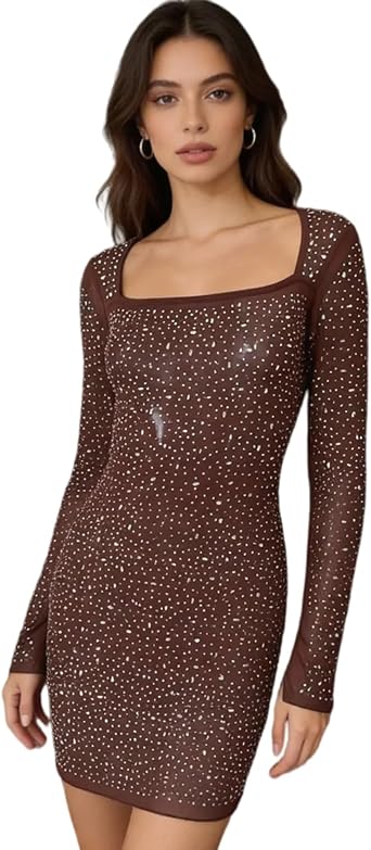 BOLLEY JOSS Womens Long Sleeve Rhinestone Mesh Bodycon Mini Dress Sparkly Glitter Sheer Cocktail Party Club Dress Night Out