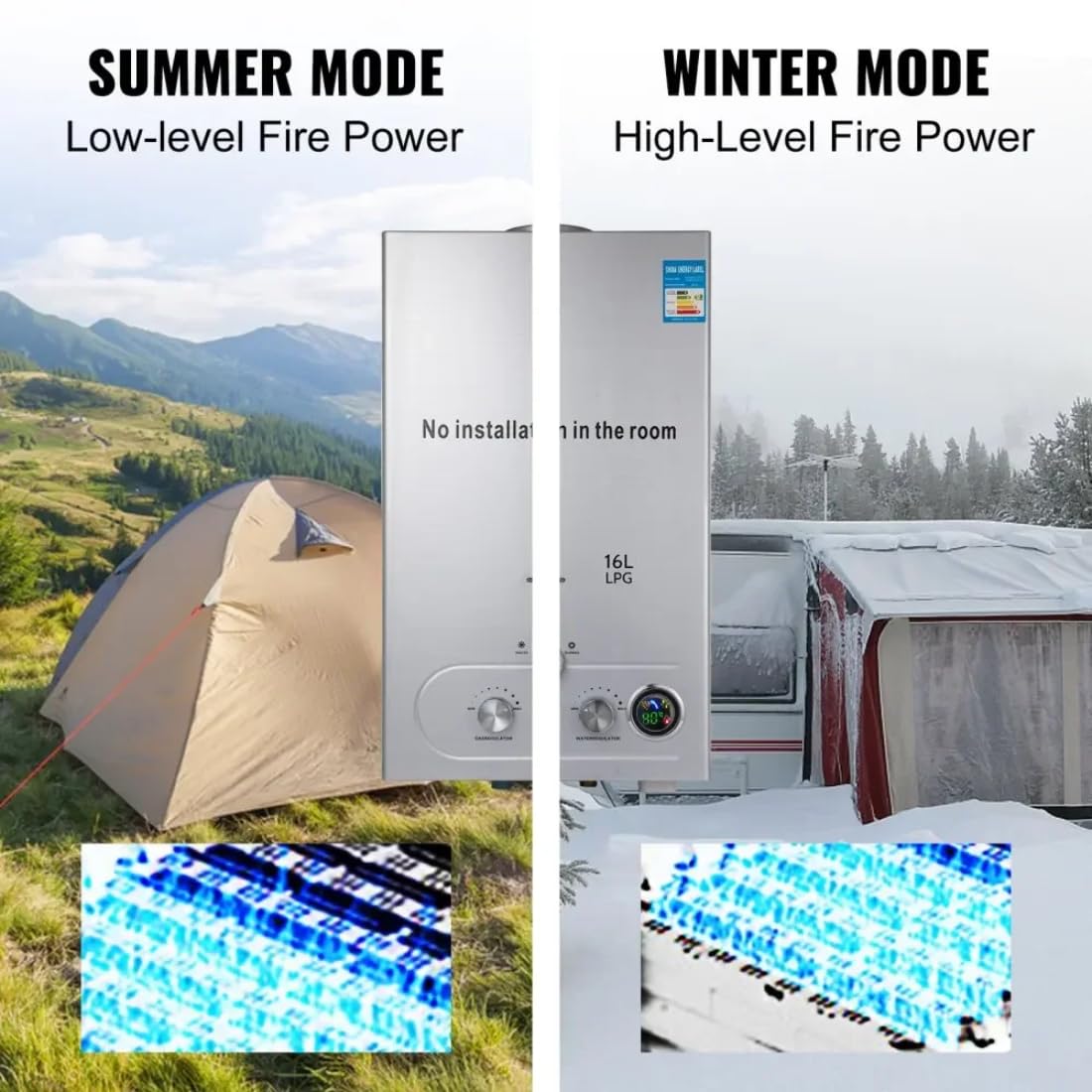 Scaldabagno a Gas GPL Propano, 16L 32kW Scaldabagno a Gas con Soffione Doccia, Scaldabagno a Propano Senza Serbatoio per la Casa per Abitazioni, per campeggio, doccia per cavalli