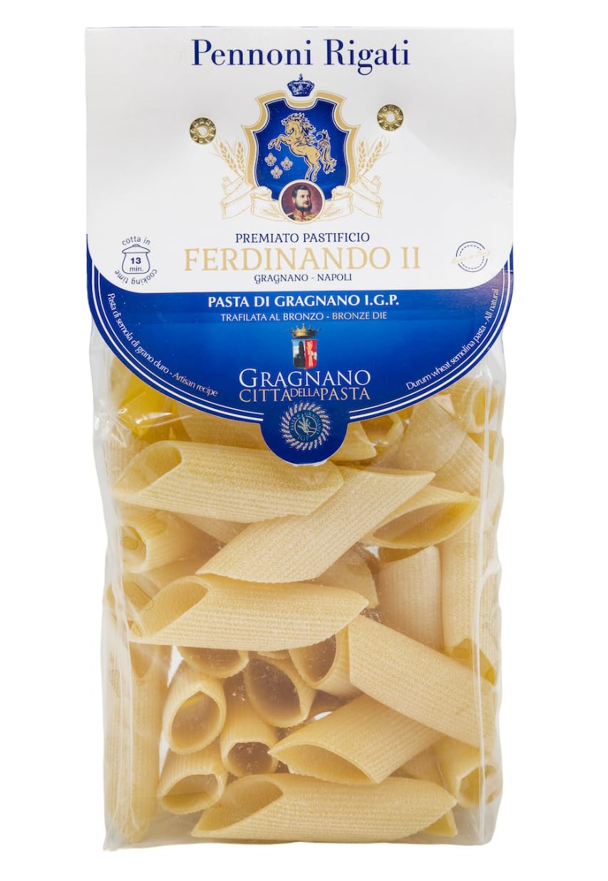 Pastificio Ferdinando II Pennoni Rigati Pasta di Gragnano I.G.P. Lot de 6 pâtes à la semoule de blé dur, 500 g