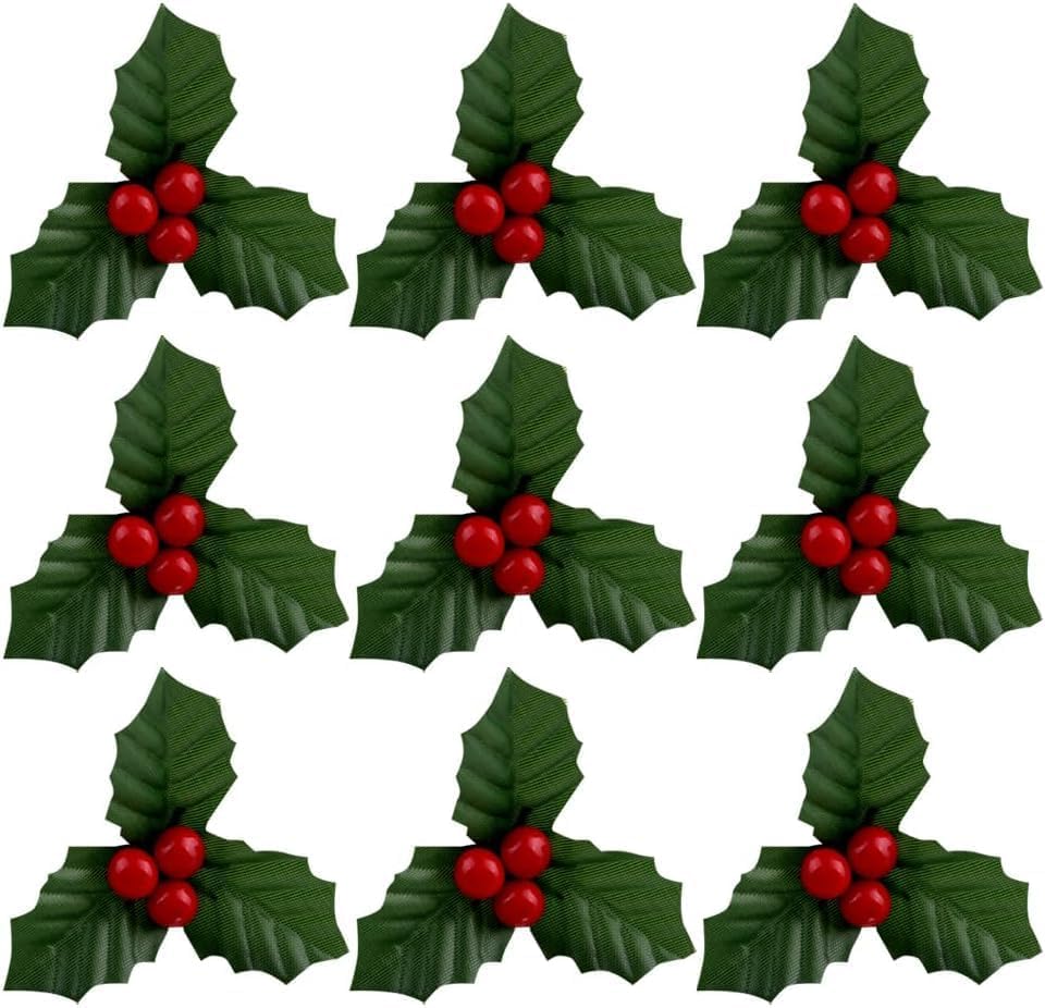 Zenarao 10Pcs Christmas Holly Berries Faux Berry Flowers with Leaves Xmas Berry Picks Christmas Wreath Branches Vase Fillers Artificial Flowers