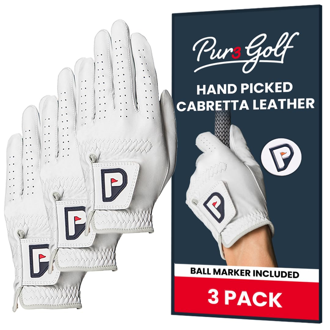 PUR3 3 Pack Golf Gloves Men Right Handed Golfer | Premium Cabretta Leather - Super Soft Feel - Men's Golf Glove with Ball Marker Size Large
