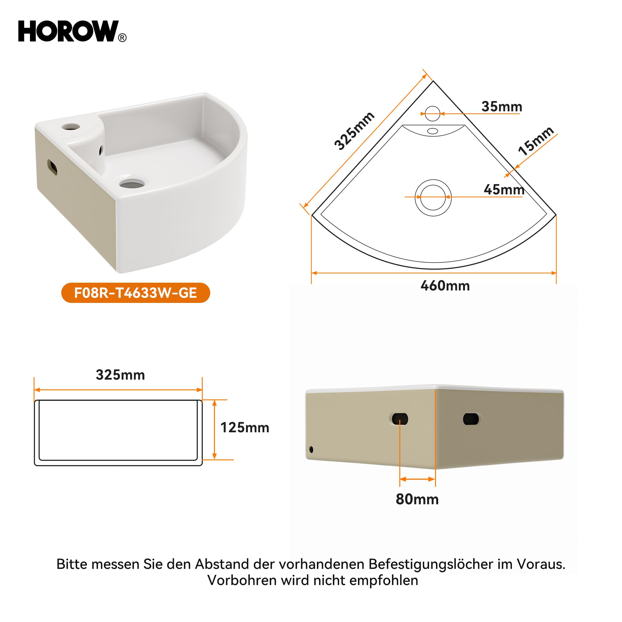 HOROW Lavabo Piccolo Angolare in Ceramica, Montaggio a Parete, 46 x 31 cm, Ideale per Bagni Piccoli e Ospiti WC