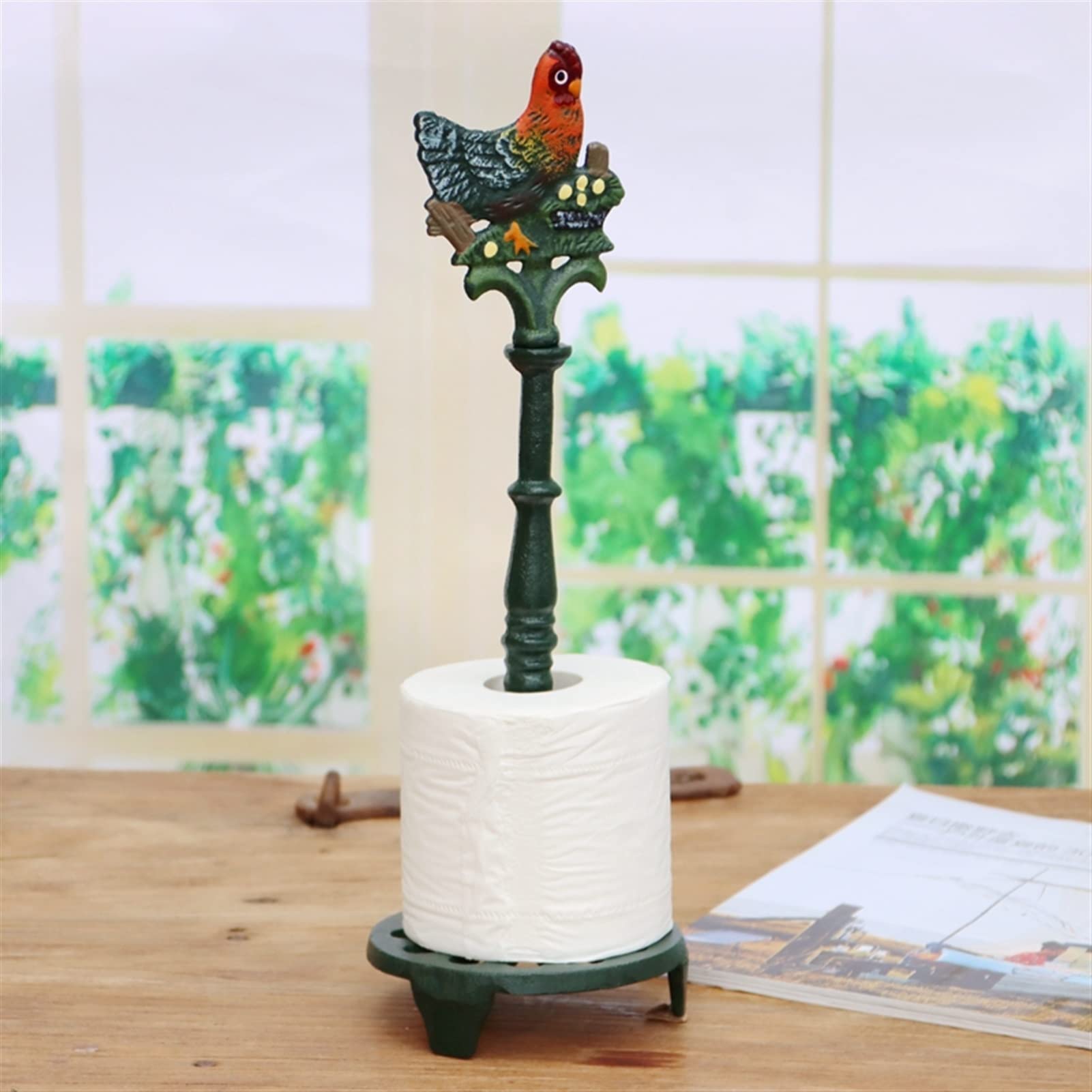 Liu- Ghisa Hen Gall Asciugamani Portasciugamani Paese Rustico Ghisa Roll Rotolo Distributore di Carta Supporto for Cucina Bagno Controsoffitto, Verde