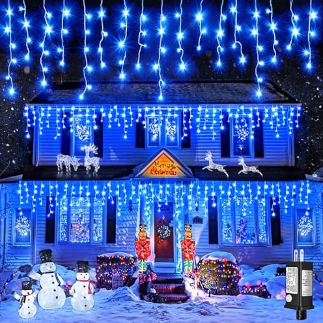 Icicle Christmas Lights Outdoor, 33 FT 400 LED Icicle Lights for Outside 8 Modes with 75 Drops, Plug in Waterproof Hanging Christmas Light for Holiday Pavilion Balcony Decorations, Blue