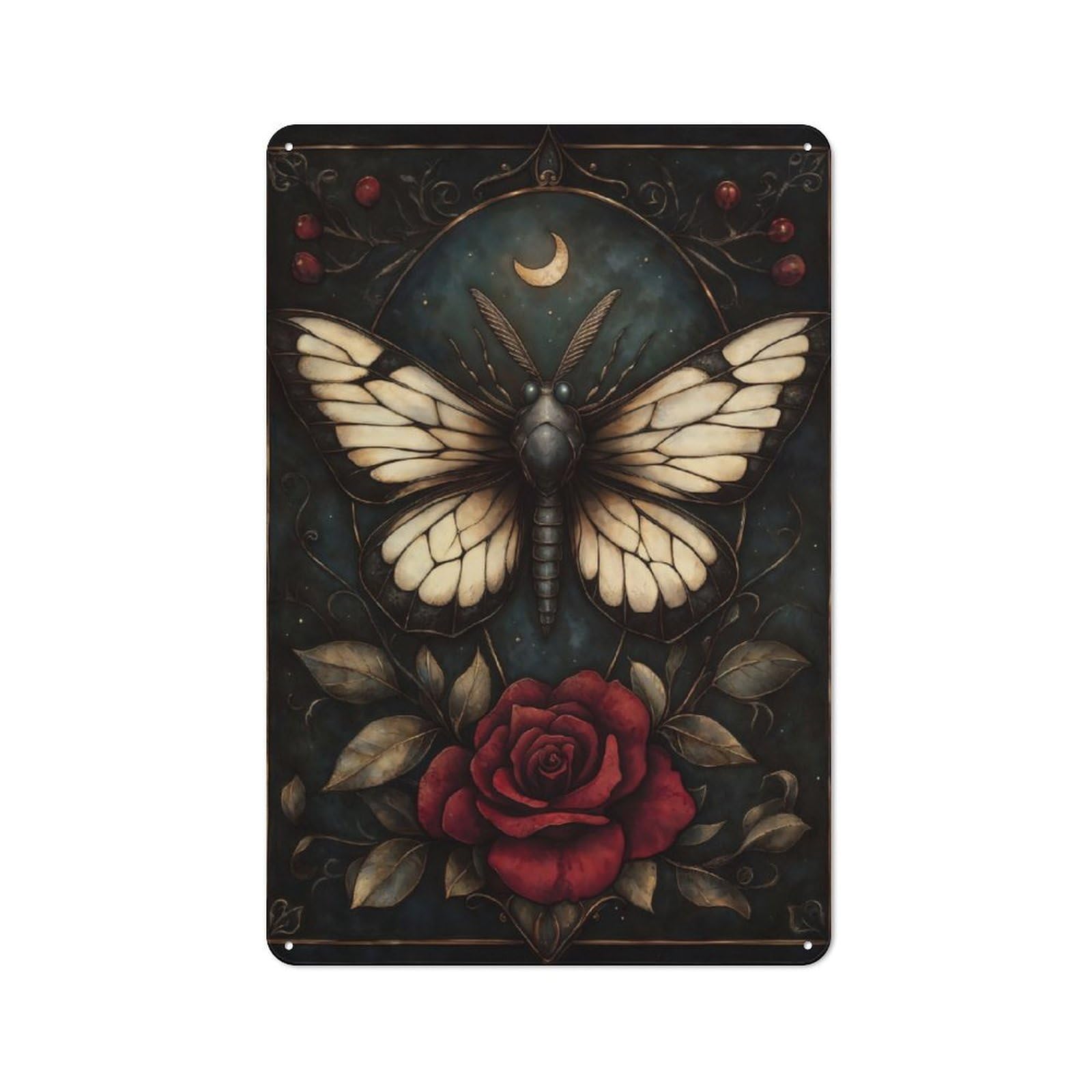 Junmoney Gothic Moth And Rose Rustic Metal Sign 30X20cm For Lounge Or Reading Corner, For Reading Corner Decorators