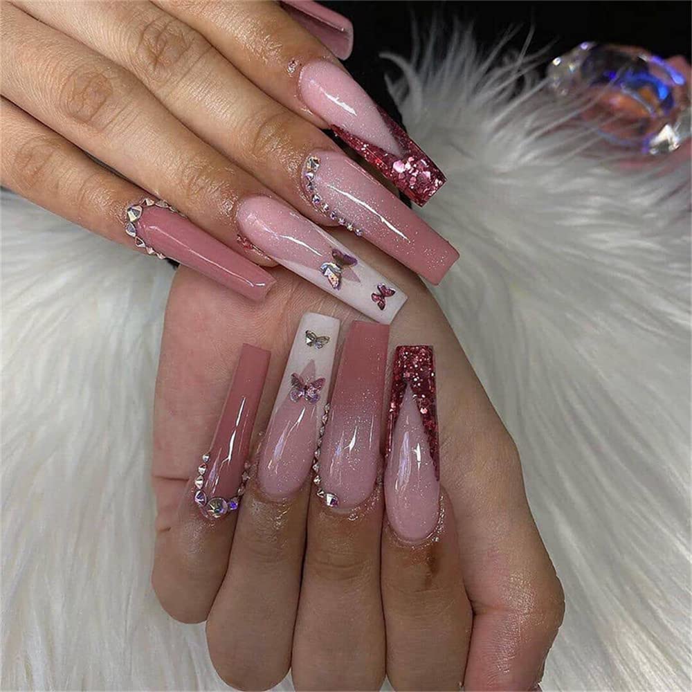 Cobertura completa de uñas postizas largas con pegamento Desmontable Diamante Mariposa Gradiente Presione en las uñas 24 piezas Puntas de arte de uñas para salones de uñas y mujeres Arte de uñas DIY