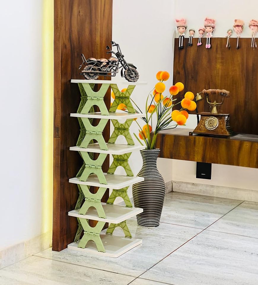 5-Layer Plastic Shoe Rack for Home – Stackable & Adjustable Shoe Organizer Shelf | Space-Saving Foldable Stand with Book & Shoe Storage Slots (Multicolour) 4