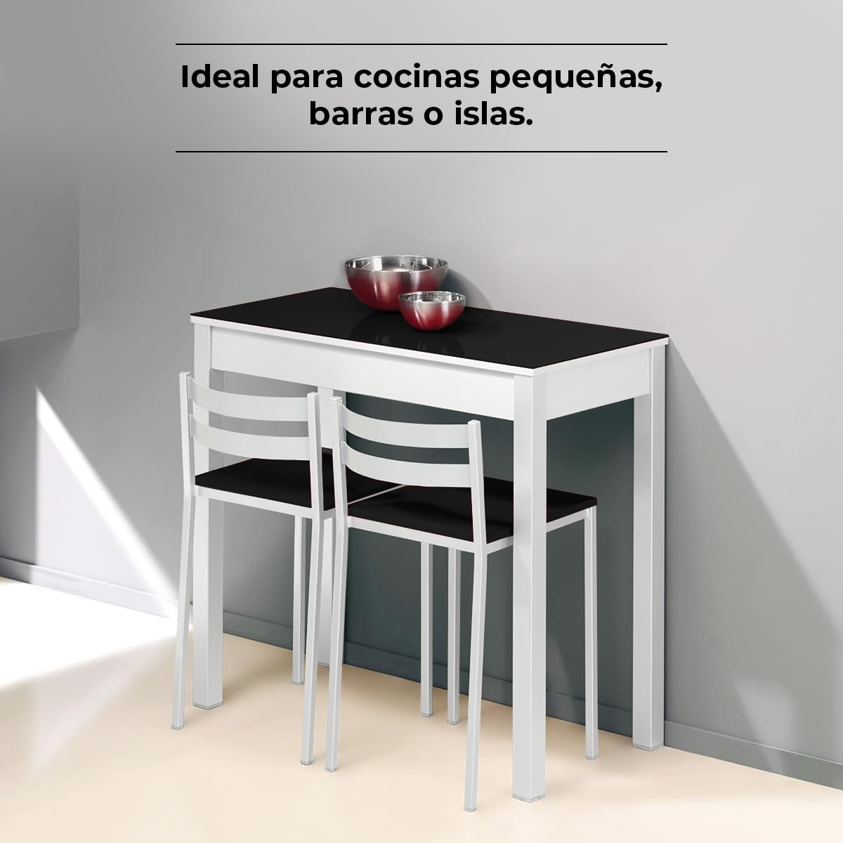 2 Taburetes de Cocina con Respaldo bajo, Franjas horizontales y Asiento tapizado - Estructura Color Blanco - Asiento en Polipiel Negro