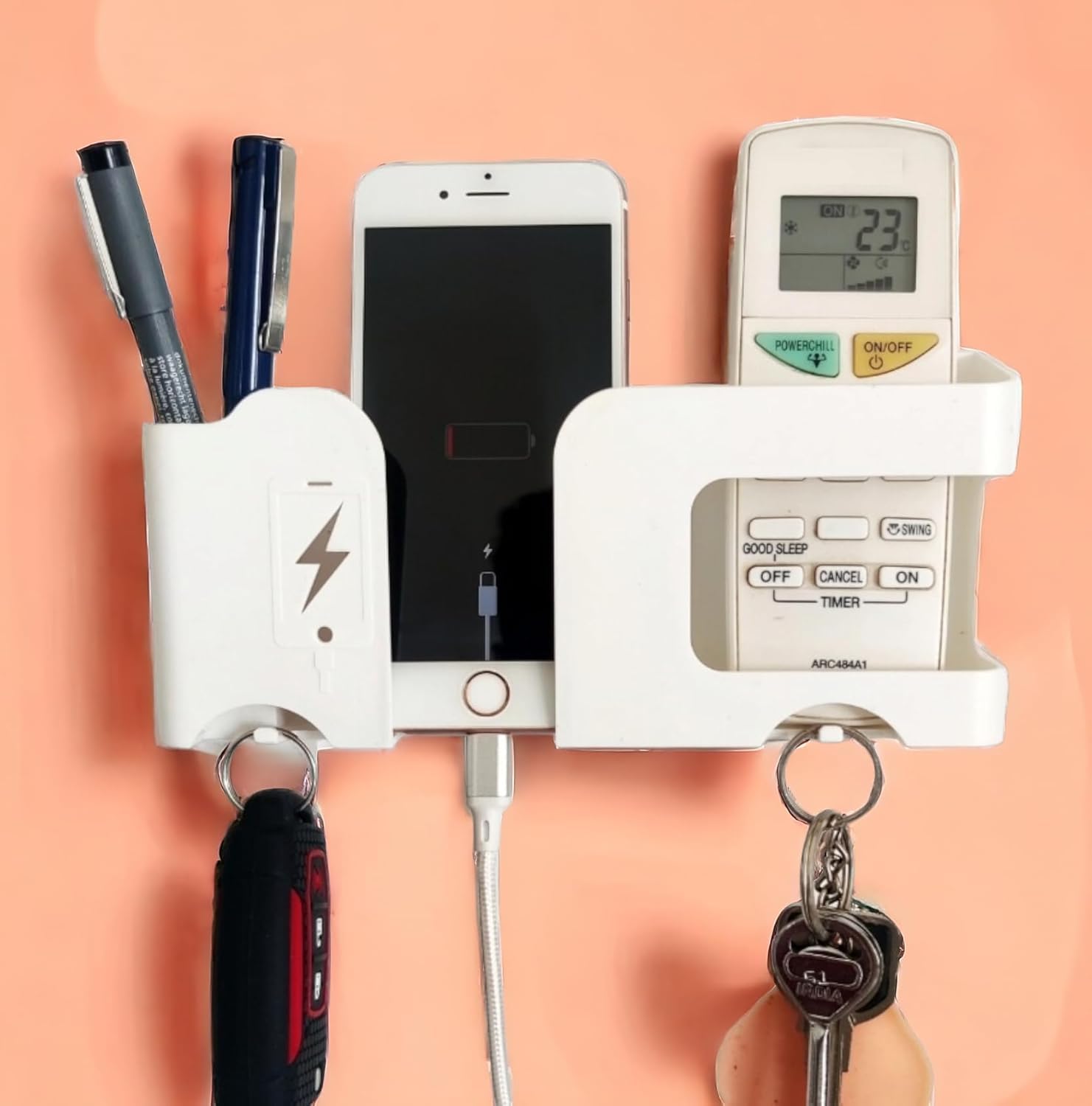 Wall Mobile Holder | Multi-Purpose Mobile Stand for Wall | Remote Holder & Mobile Charging Stand, Wall Phone Holder for Charging | Kitchen Organizer Rack Wall Mounted | Useful Gadget-White Wall Mobile Holder | Multi-Purpose Mobile Stand for Wall | Remote Holder & Mobile Charging Stand, Wall Phone Holder for Charging | Kitchen Organizer Rack Wall Mounted | Useful Gadget-White