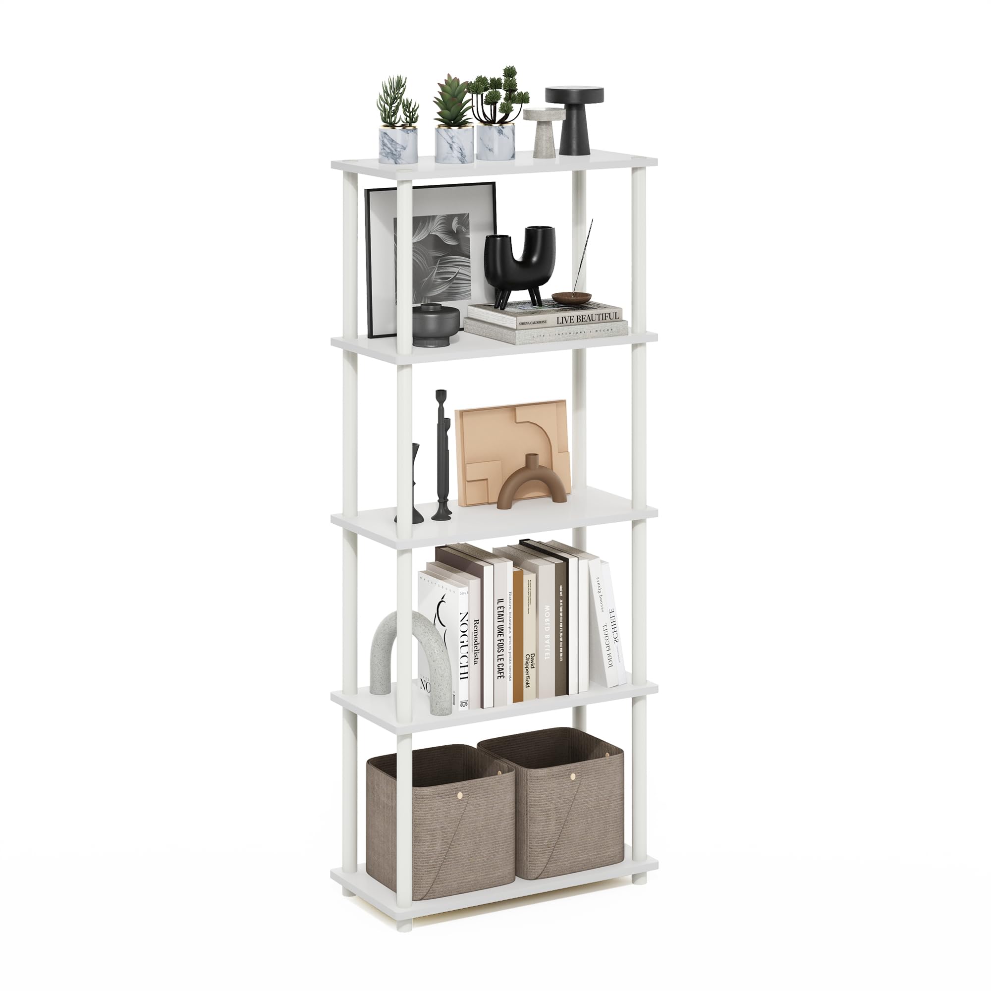 Furinno Turn-N-Tube Storage Shelves, 5-Tier Book Shelf, Corner Shelf, Toolless Open Shelves, for Organization and Storage, Living Room, Garage, Home Office, White